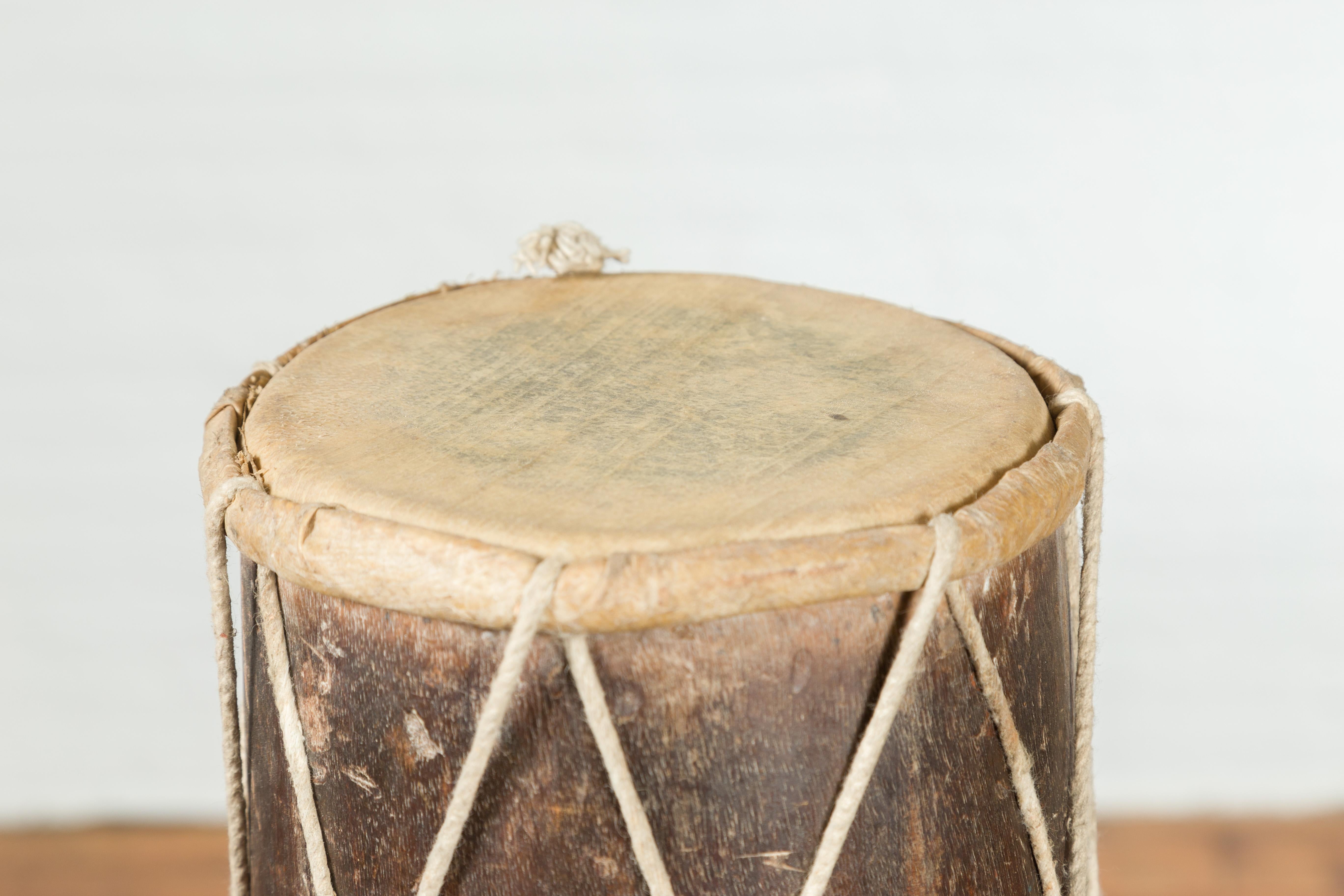 19th Century Thai Ceremonial Drum with Ropes and Leather Drumhead For Sale 2