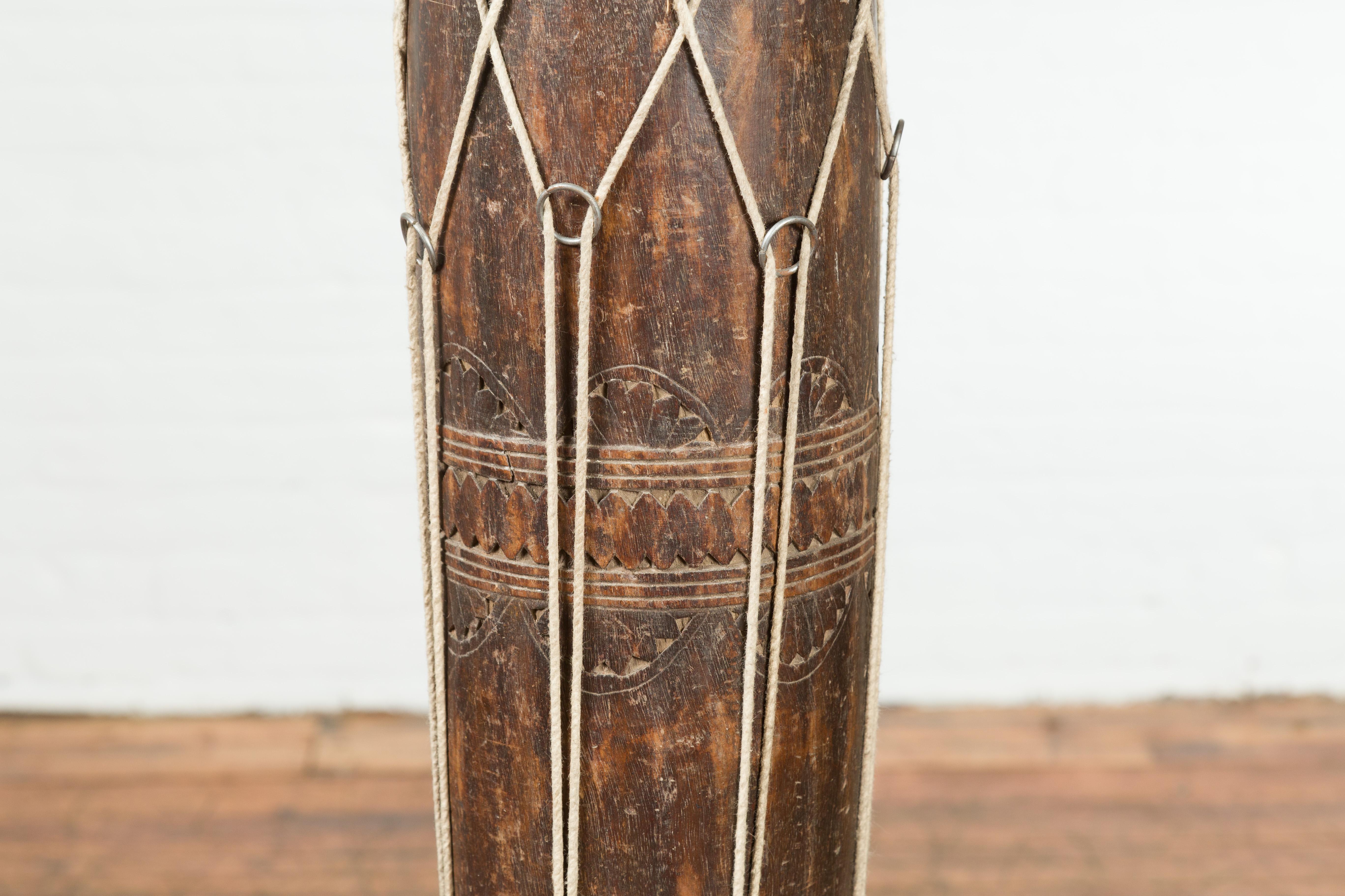 19th Century Thai Ceremonial Drum with Ropes and Leather Drumhead For Sale 3