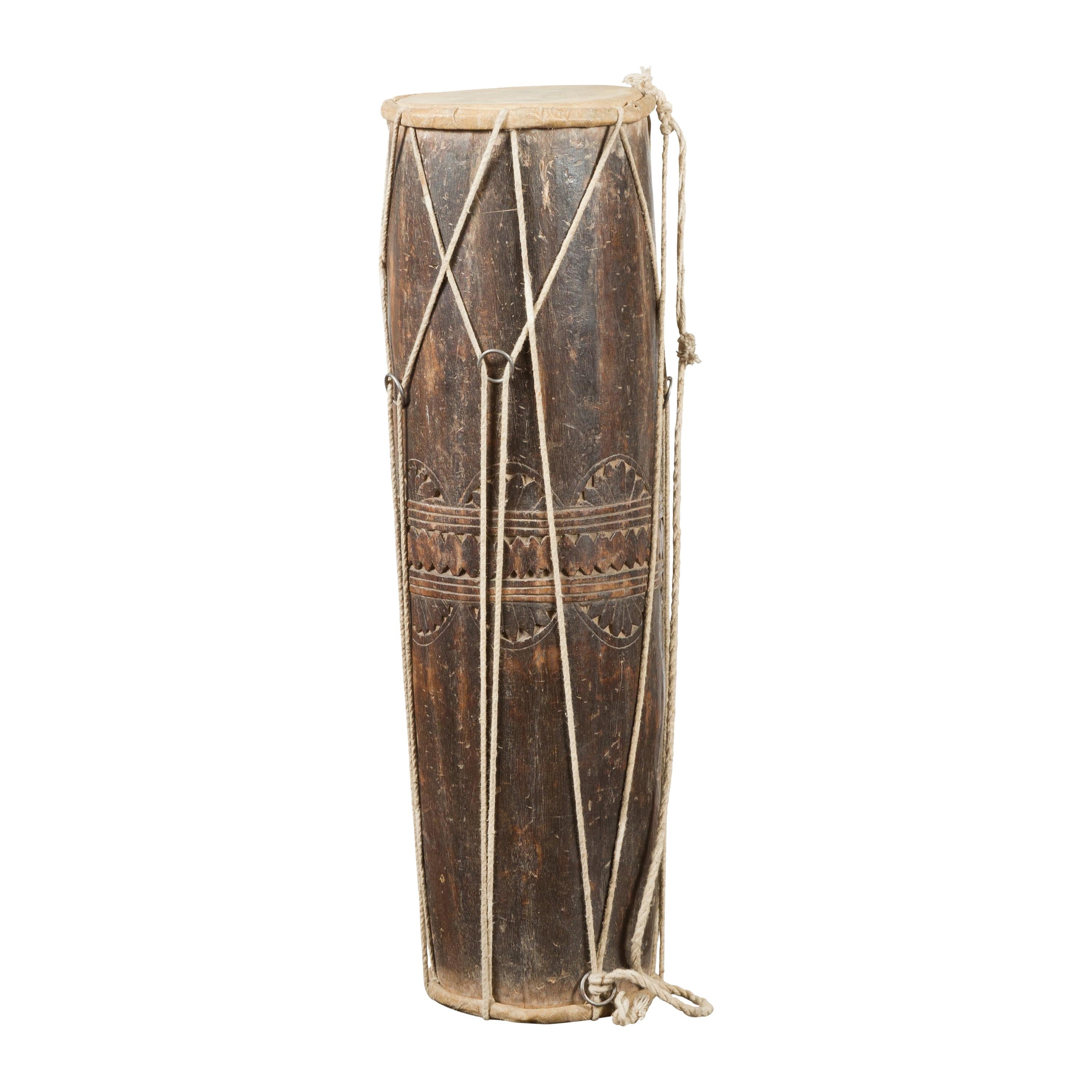19th Century Thai Ceremonial Drum with Ropes and Leather Drumhead For Sale