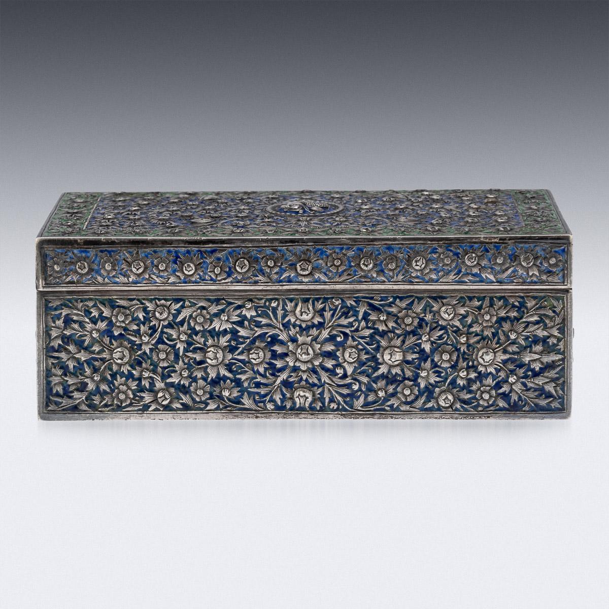 19th century Thai silver & enamel box, of traditional form, decorated throughout with stylized leaves and flowers on a dark blue and green enamelled ground. Hallmarked Chinese export silver mark (acid tested shows 900+), Maker's mark for Xiang