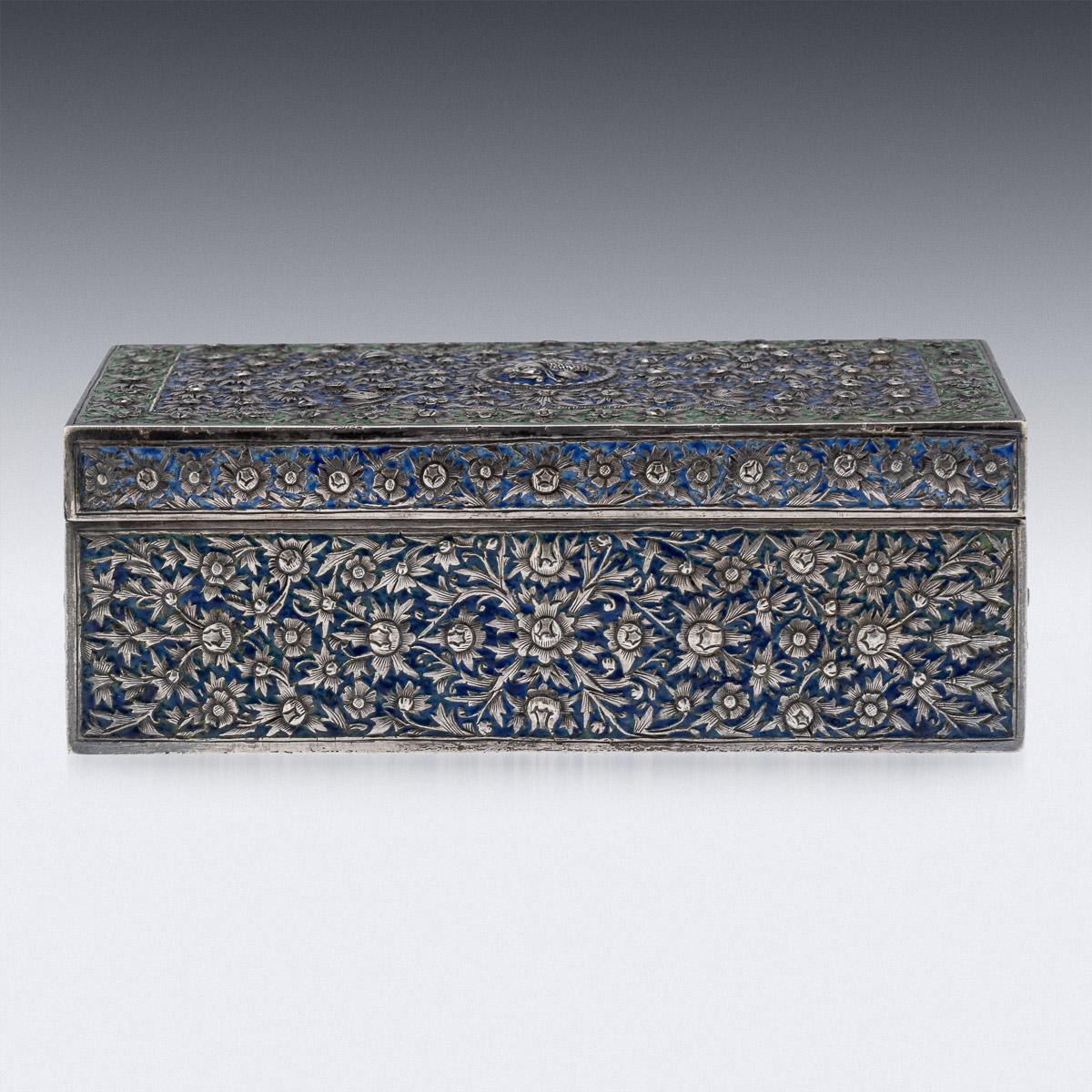 19th century Thai silver & enamel box, of traditional form, decorated throughout with stylized leaves and flowers on a dark blue and green enamelled ground. Hallmarked Chinese export silver mark (acid tested shows 900+), Maker's mark for Xiang