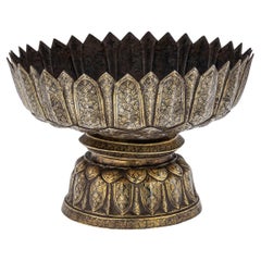 19th Century Thai Solid Silver-Gilt Niello Enamel Large Bowl, Siam, circa 1800