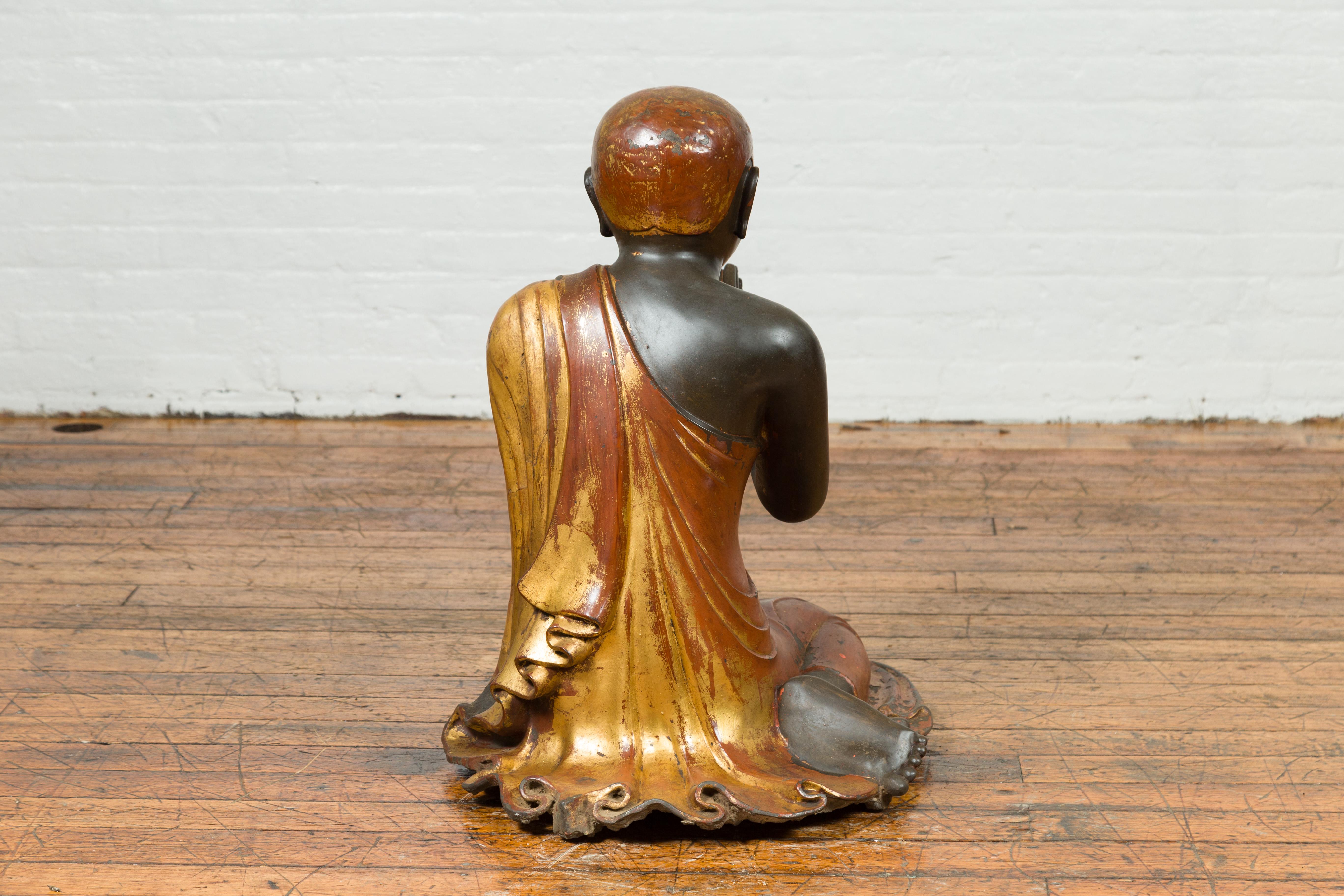 Thai Temple Ceremonial Black Lacquered and Gilt Kneeling Monk Sculpture For Sale 8
