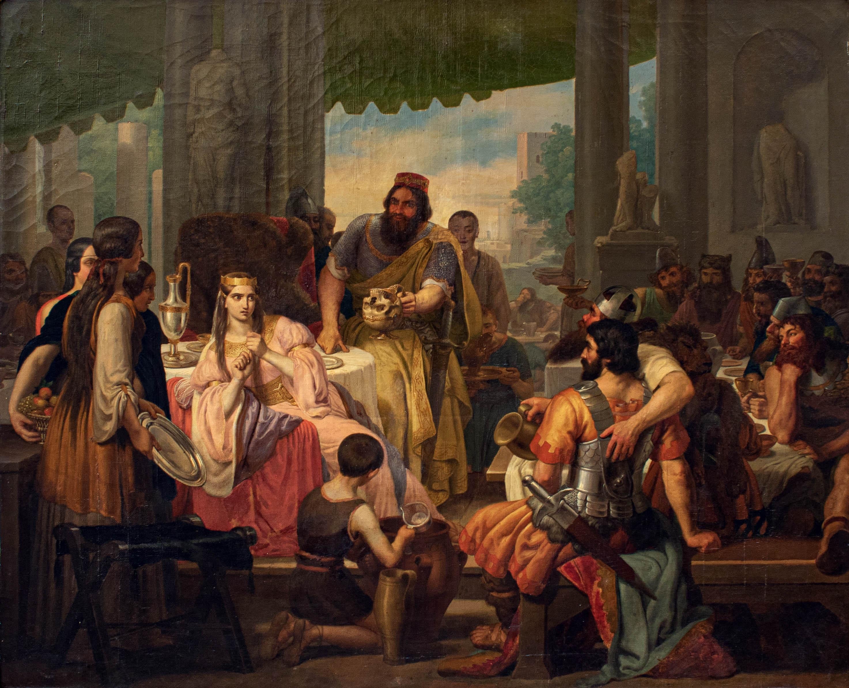 19th Century The Banquet of Alboino Romantic Painting Oil on Canvas at