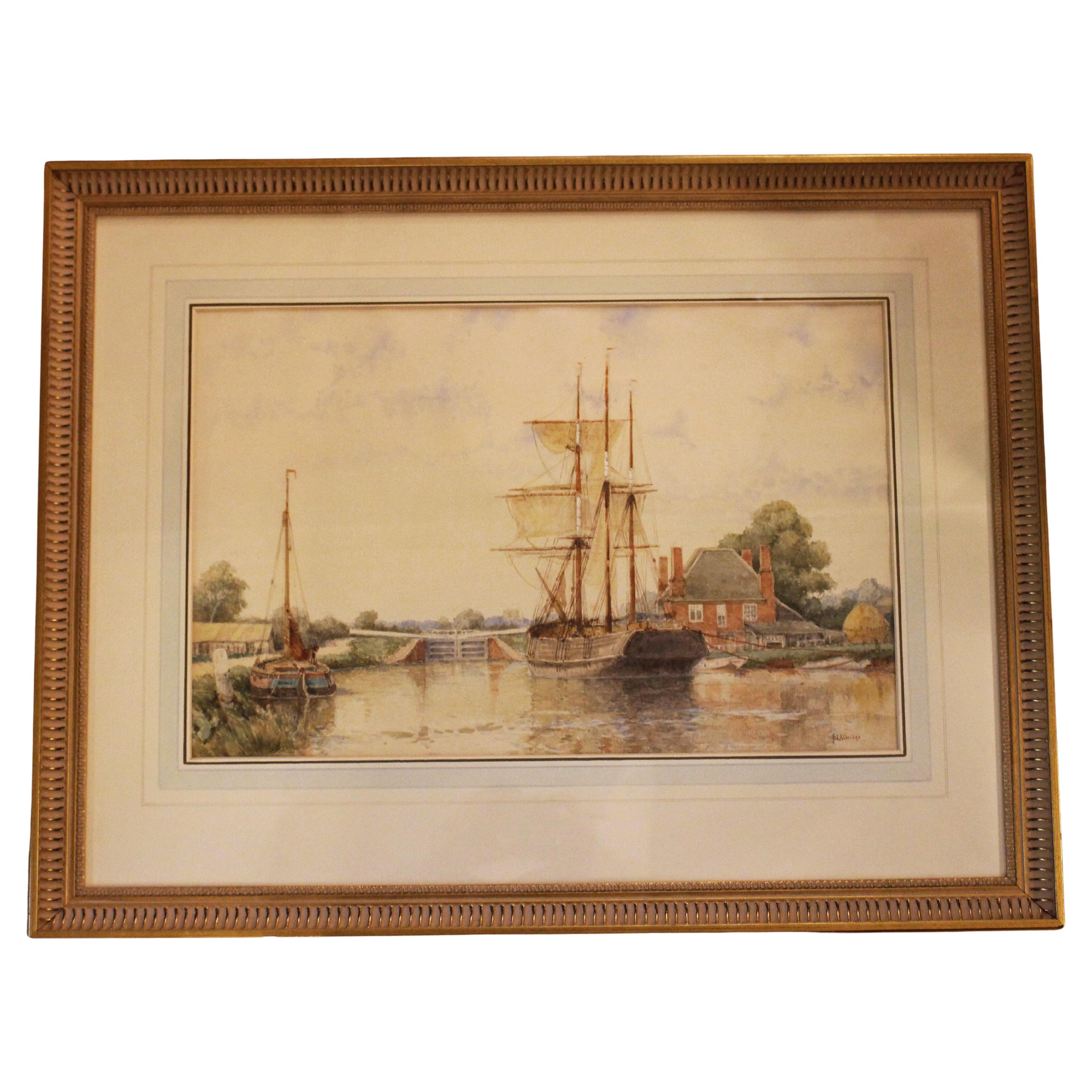 19ème siècle "The Double Locks, Exeter Canal" Aquarelle signée par F.J. Aldridge en vente