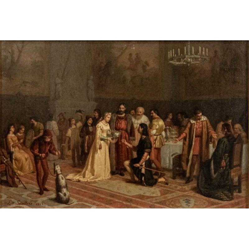 Luigi Sciallero (Genoa, 1829 - 1920).

The Investiture of the Knight by the Queen.

Oil on canvas, 31 x 45 cm.

Frame cm.

Signed and dated, 1904.

Luigi Sciallero was a pupil of Giuseppe Isola at the Ligustica Academy of Genoa. He