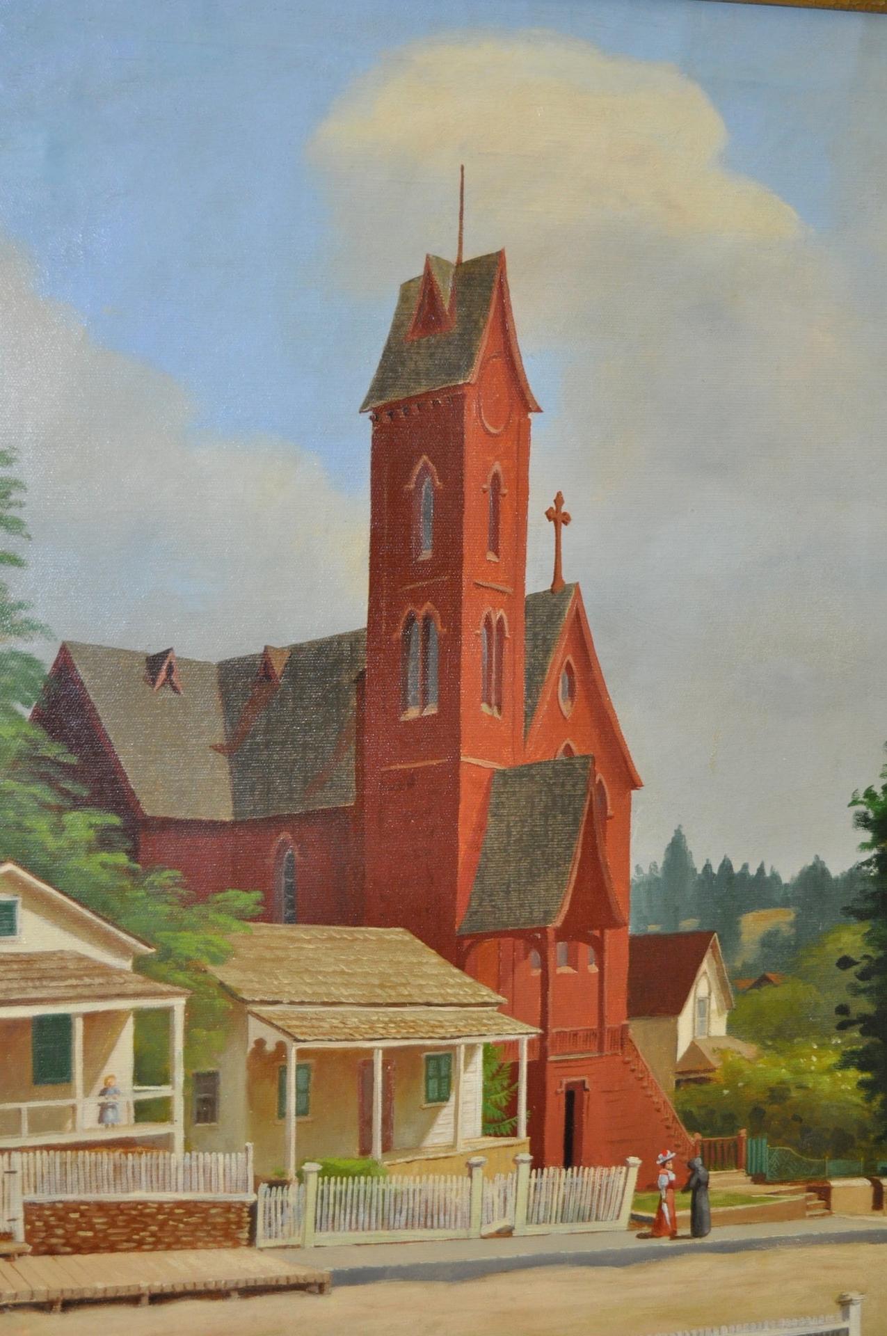 19th century oil on canvas signed R. Davenport. 

A stately red brick church in a country town setting. 

Oil on canvas dimensions 23 inches wide x 35 1/2 inches high. 

Frame dimensions 27 inches wide x 39 inches high. 

Very good antique