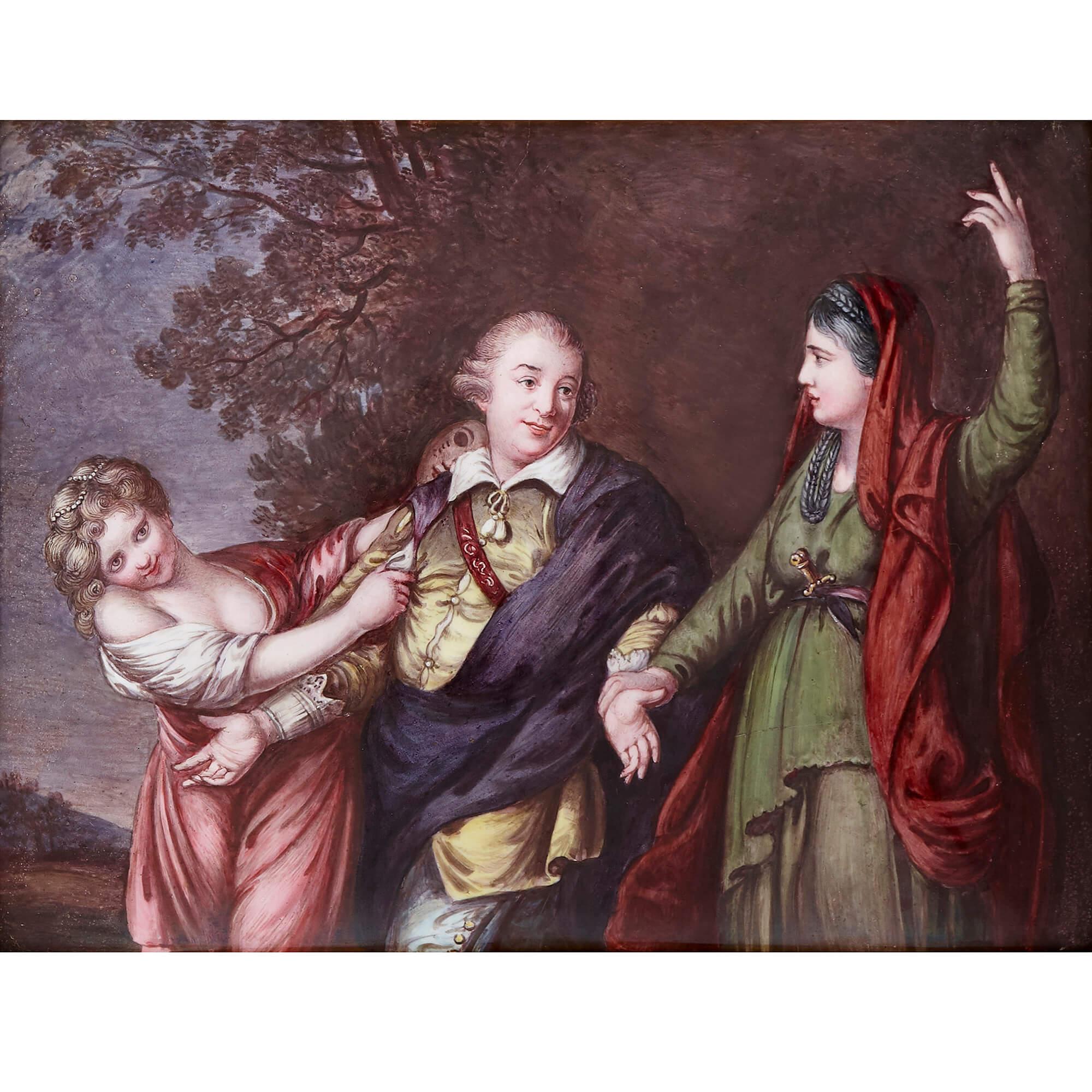 This charming enamel painting shows a gentleman, centrally positioned, being led by two women, one on each arm. The woman on his left has a troubled expression, her hair is grey, and she wears a dark red shawl and green costume, with a knife stored