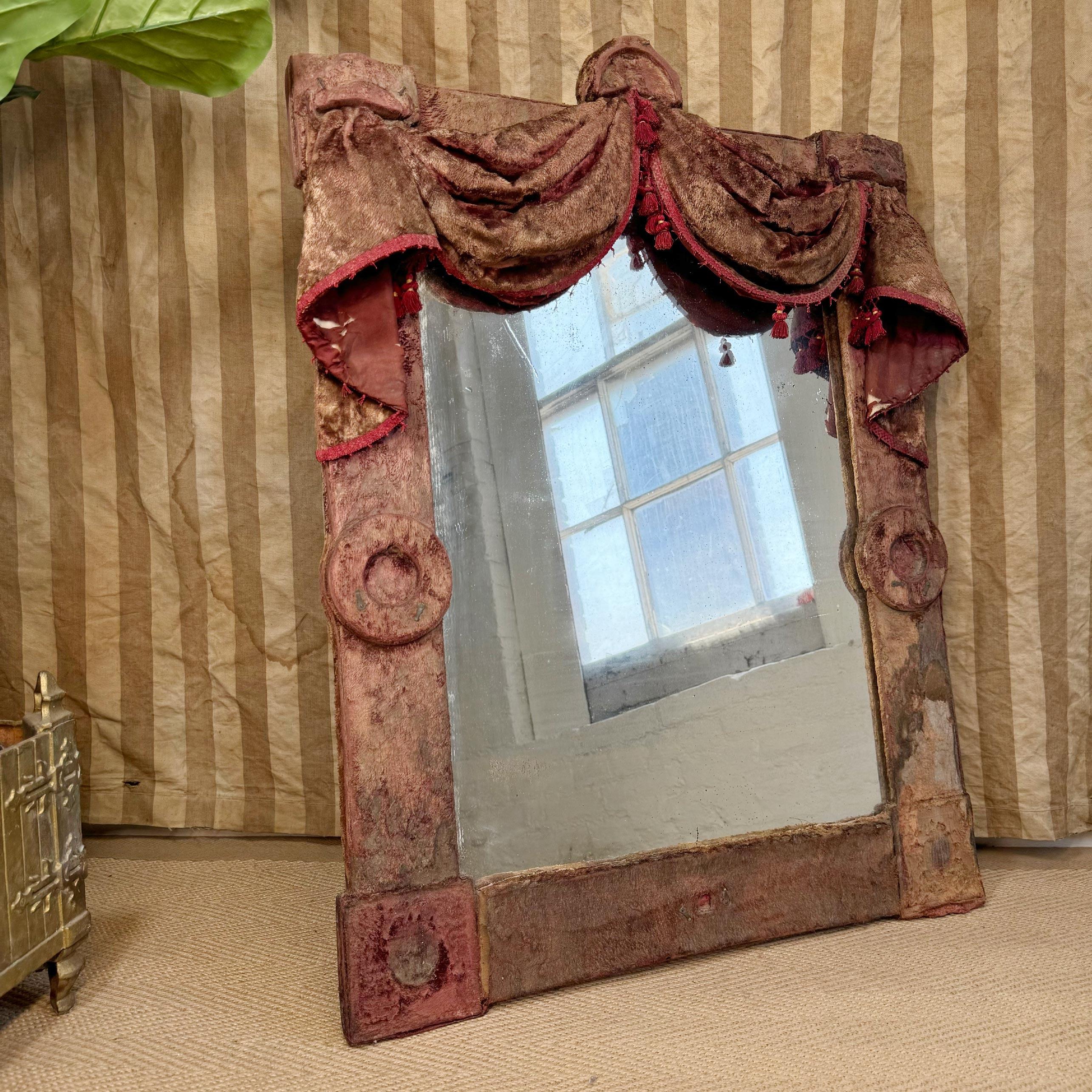 19th Century Theatrical Burgundy Velvet Mirror with Drapes and Swags For Sale 4