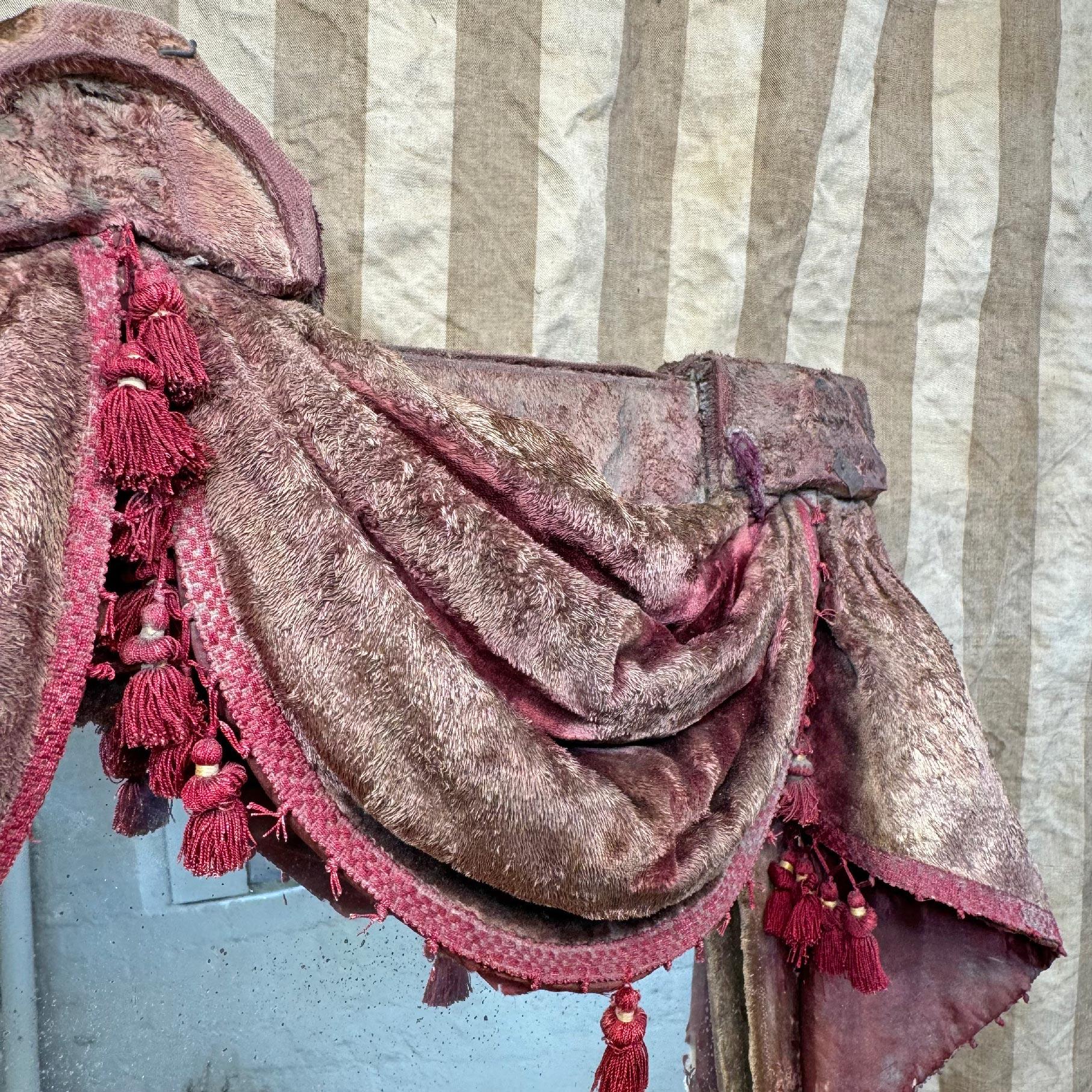 Belle Époque 19th Century Theatrical Burgundy Velvet Mirror with Drapes and Swags For Sale