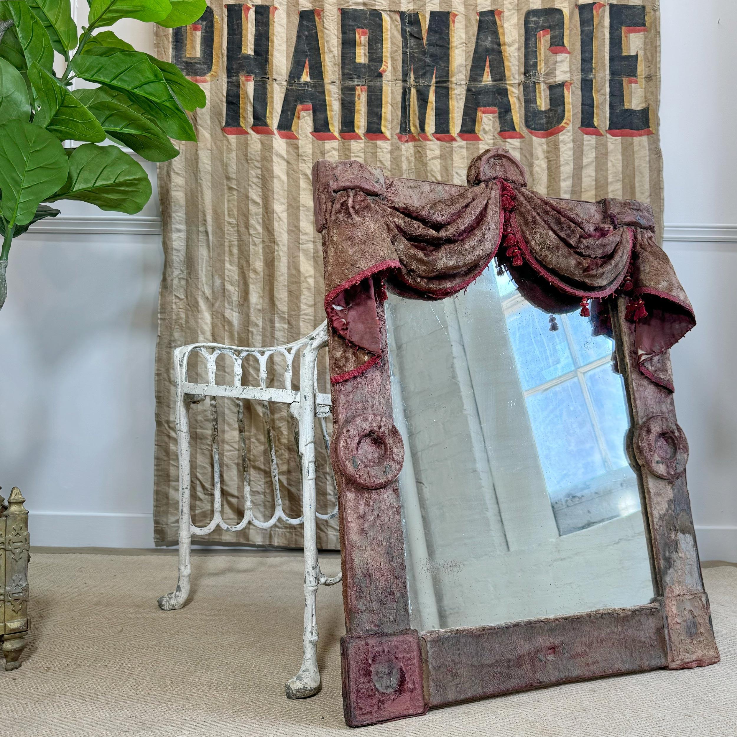 French 19th Century Theatrical Burgundy Velvet Mirror with Drapes and Swags For Sale
