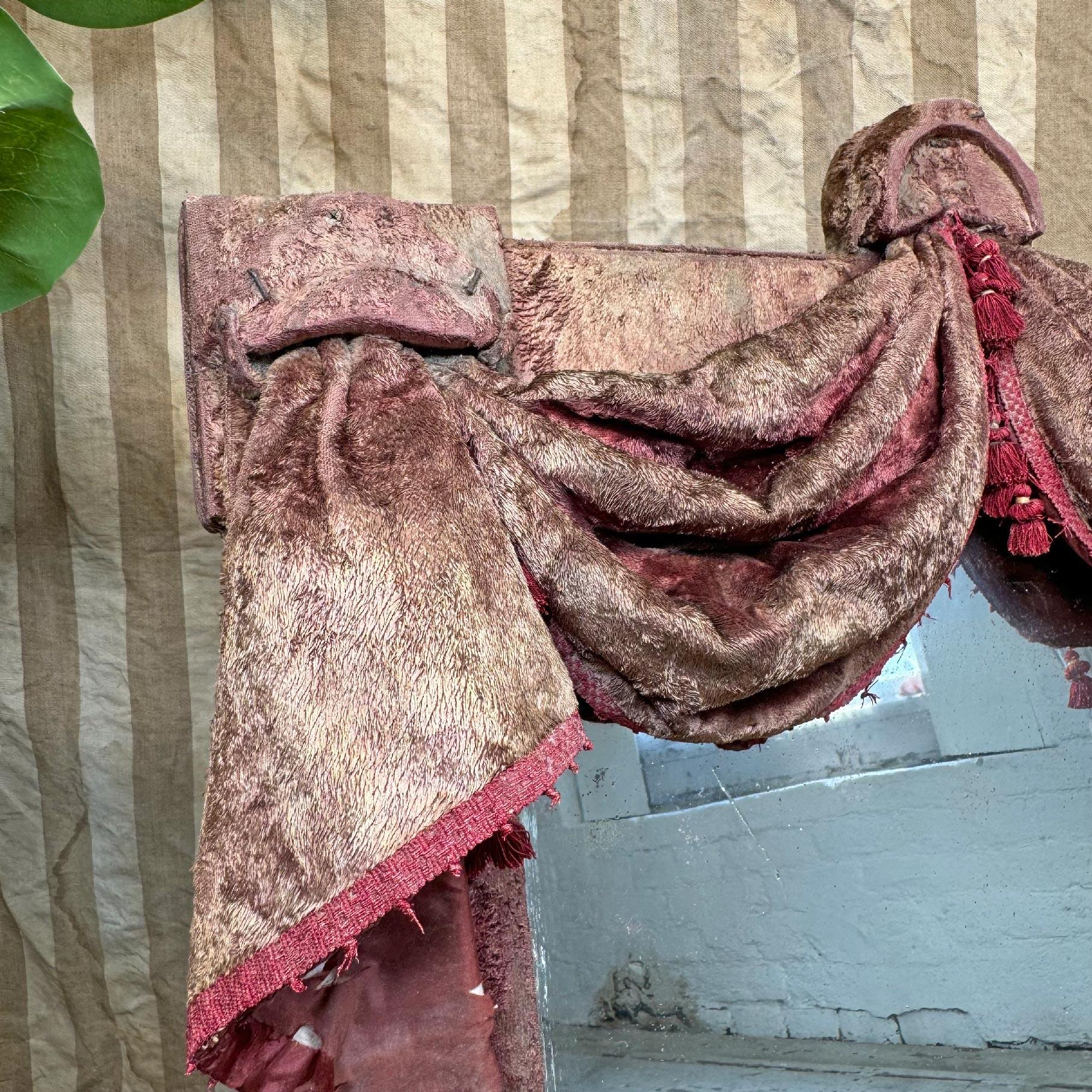 Hand-Crafted 19th Century Theatrical Burgundy Velvet Mirror with Drapes and Swags For Sale