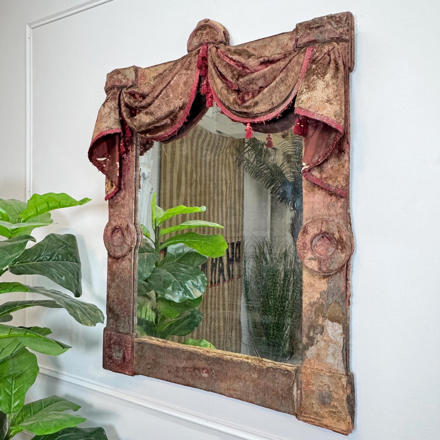 19th Century Theatrical Burgundy Velvet Mirror with Drapes and Swags In Good Condition For Sale In Hastings, GB