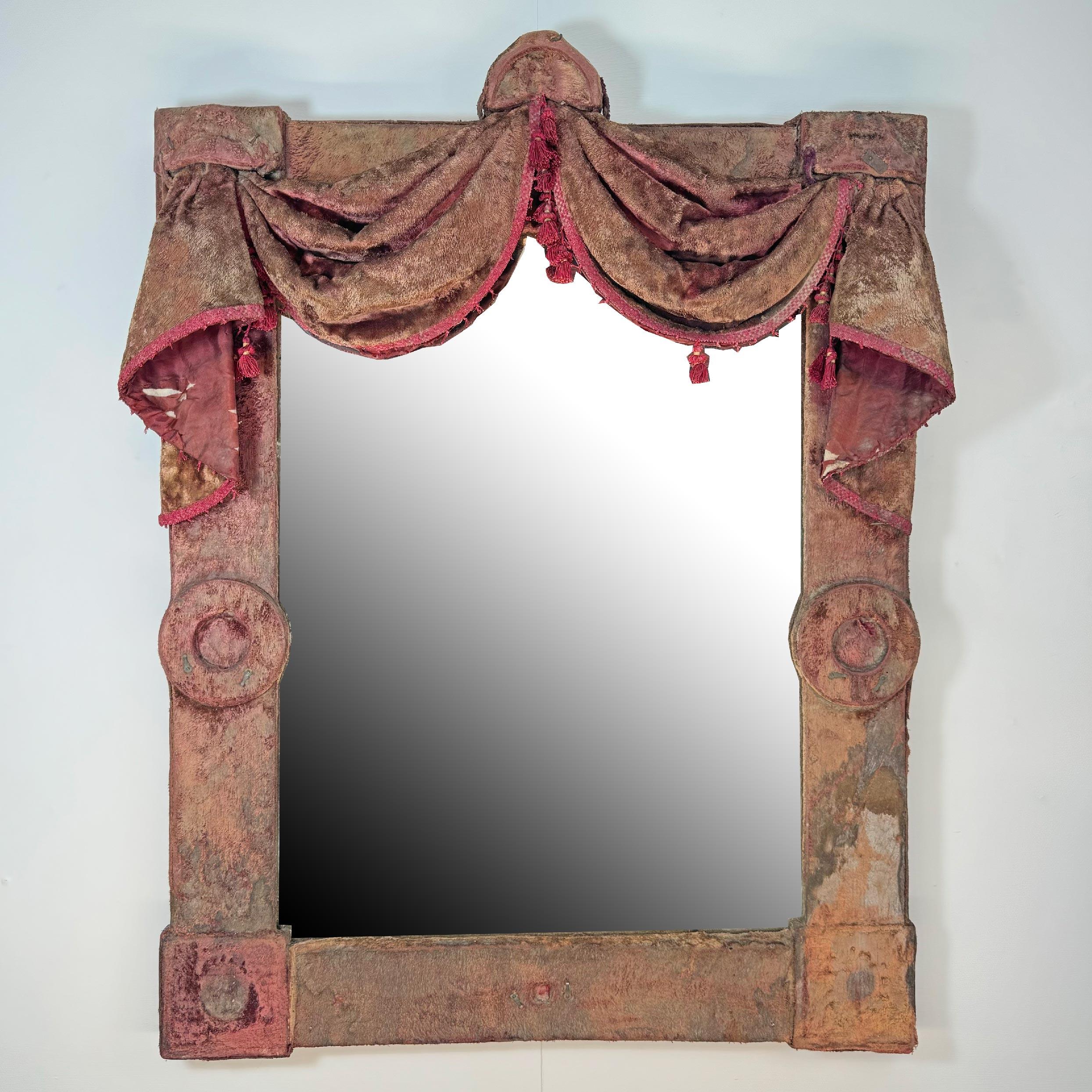 19th Century Theatrical Burgundy Velvet Mirror with Drapes and Swags For Sale 3