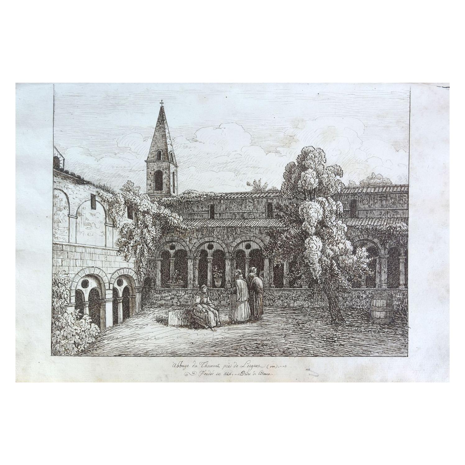 19th Century "Thoronet Abbey" Watercolor Drawing on Paper from the 18th Century For Sale