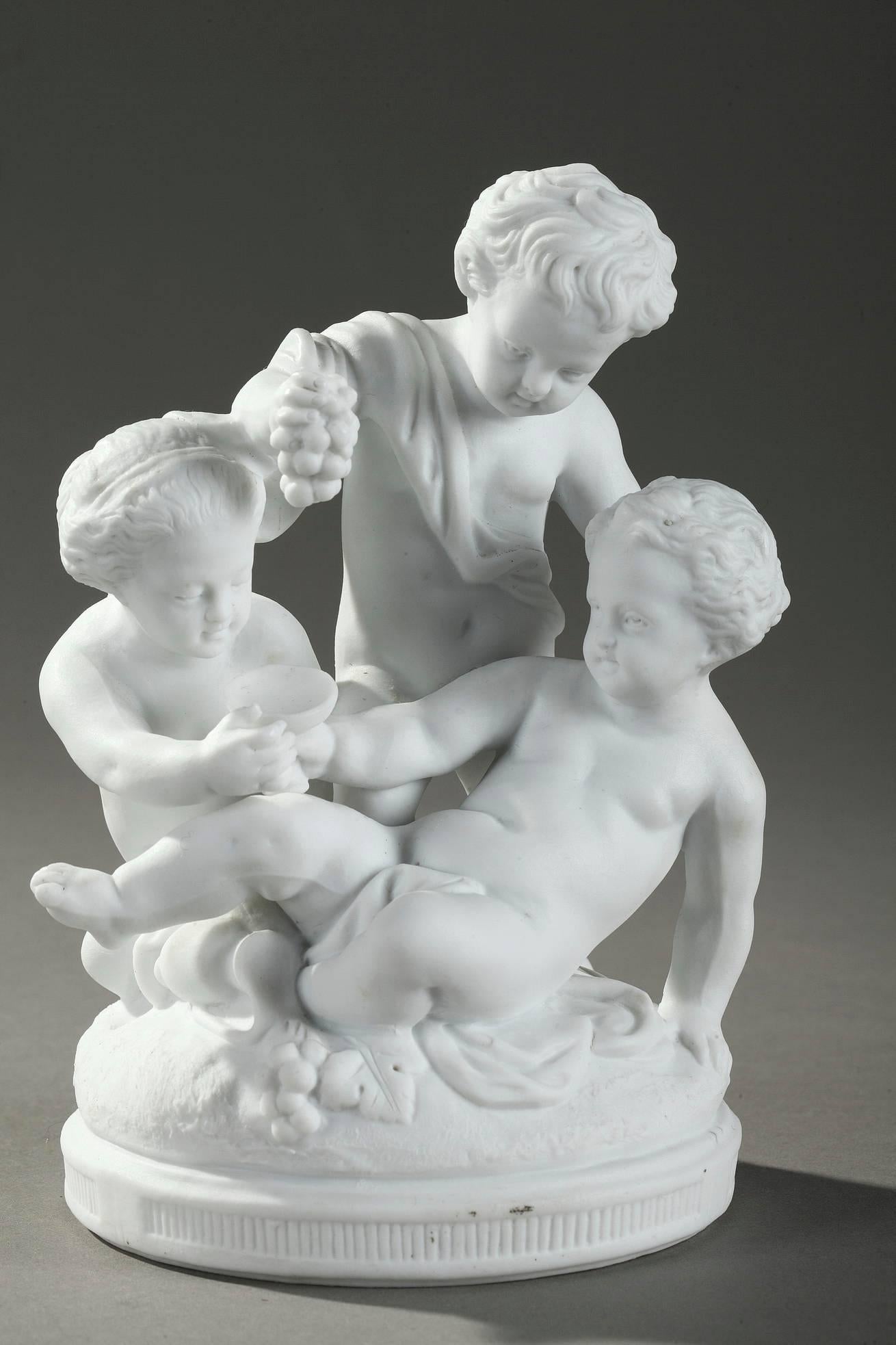 Neoclassical 19th Century Three Bisque Porcelain Children Playing Groups in Sevres Style
