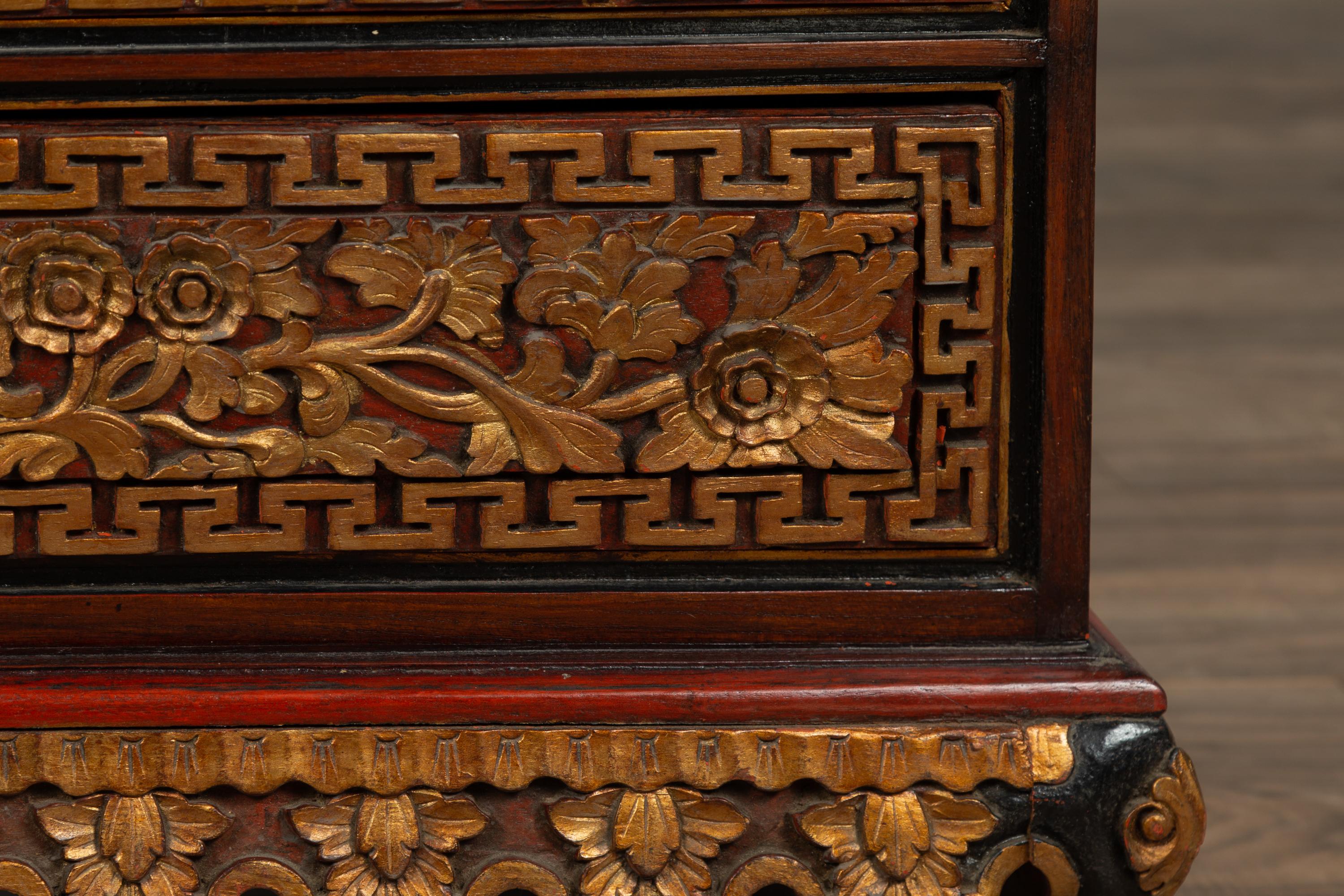 Three-Drawer Dresser from Madura with Richly Carved Floral Decor and Greek Key 4