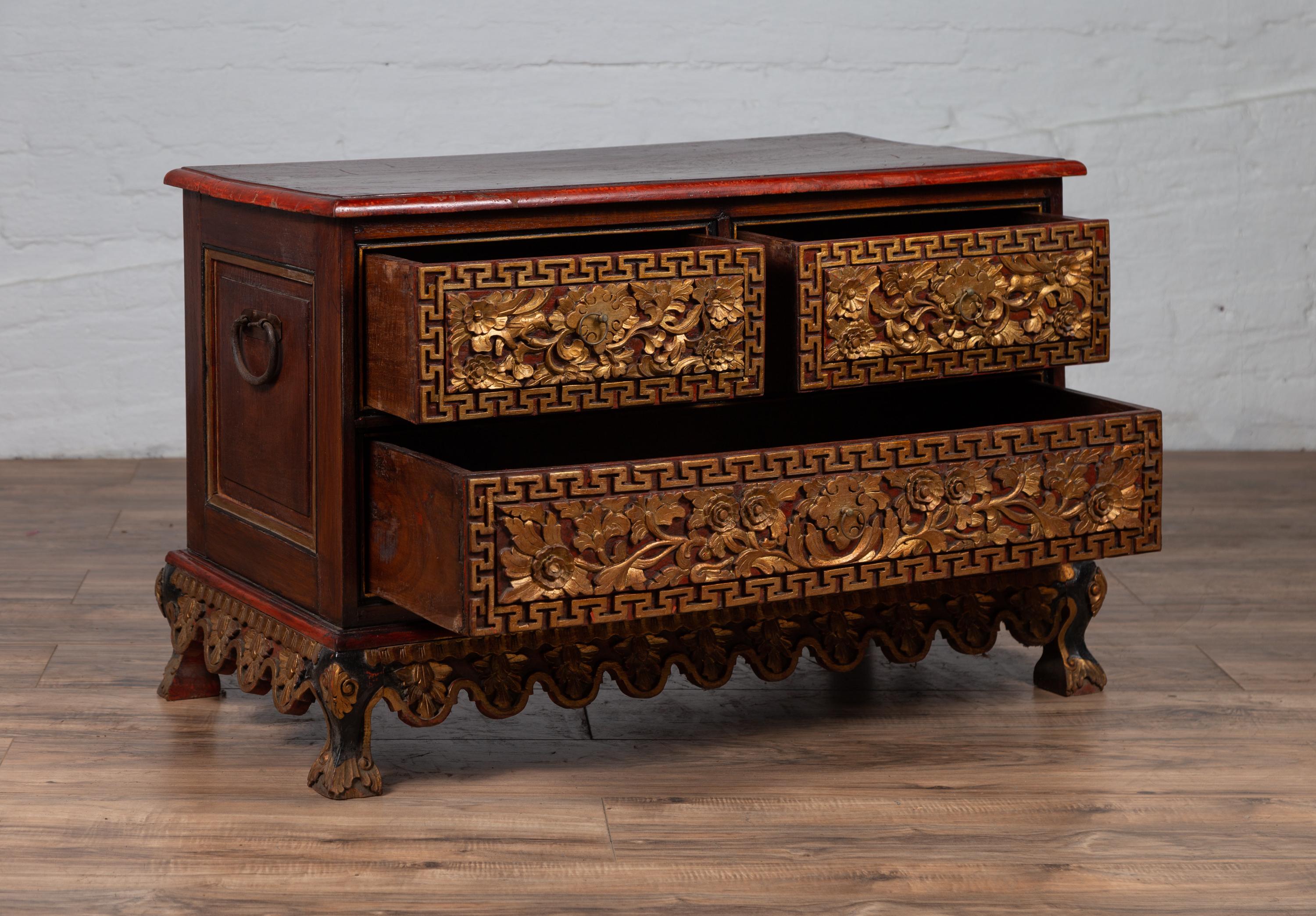 Three-Drawer Dresser from Madura with Richly Carved Floral Decor and Greek Key 8