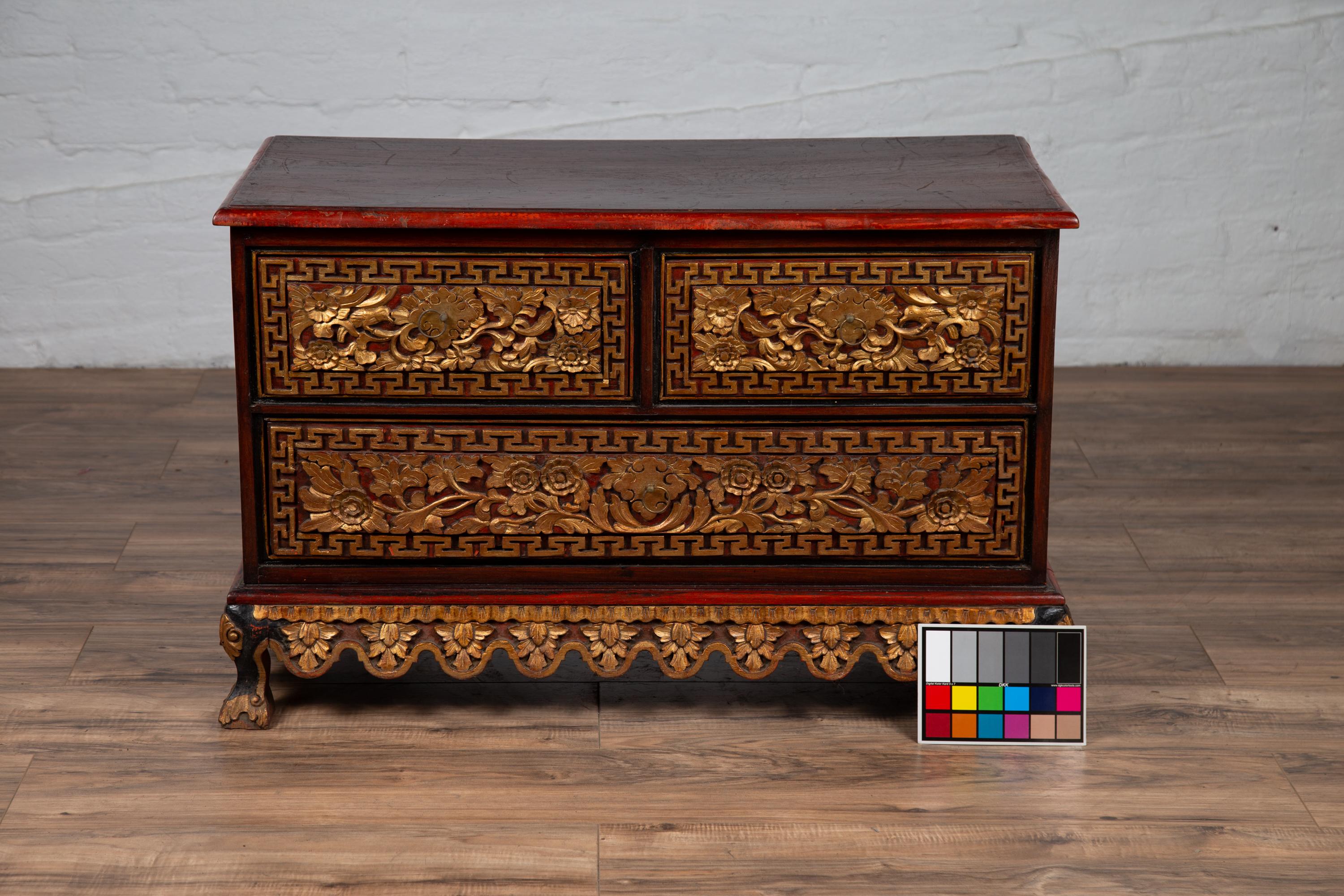 Three-Drawer Dresser from Madura with Richly Carved Floral Decor and Greek Key 11
