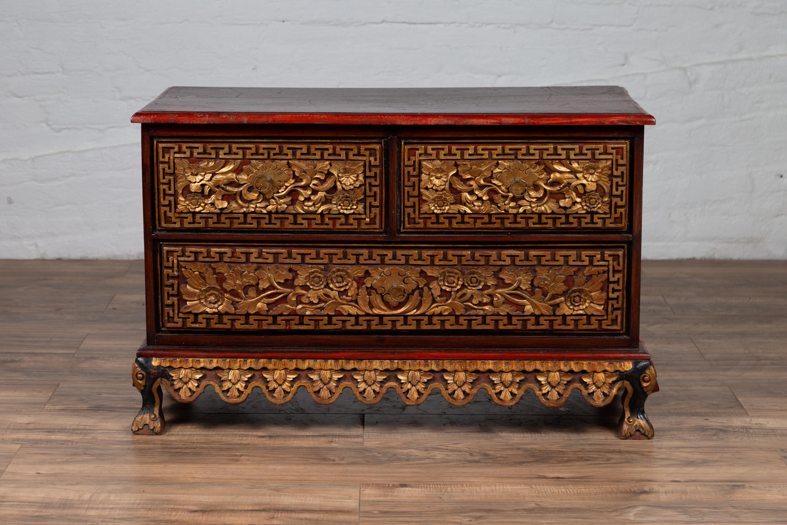 Indonesian Three-Drawer Dresser from Madura with Richly Carved Floral Decor and Greek Key