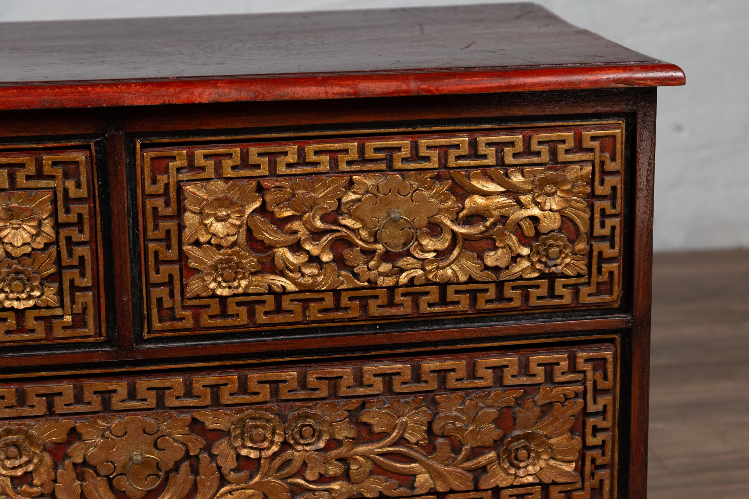 Giltwood Three-Drawer Dresser from Madura with Richly Carved Floral Decor and Greek Key