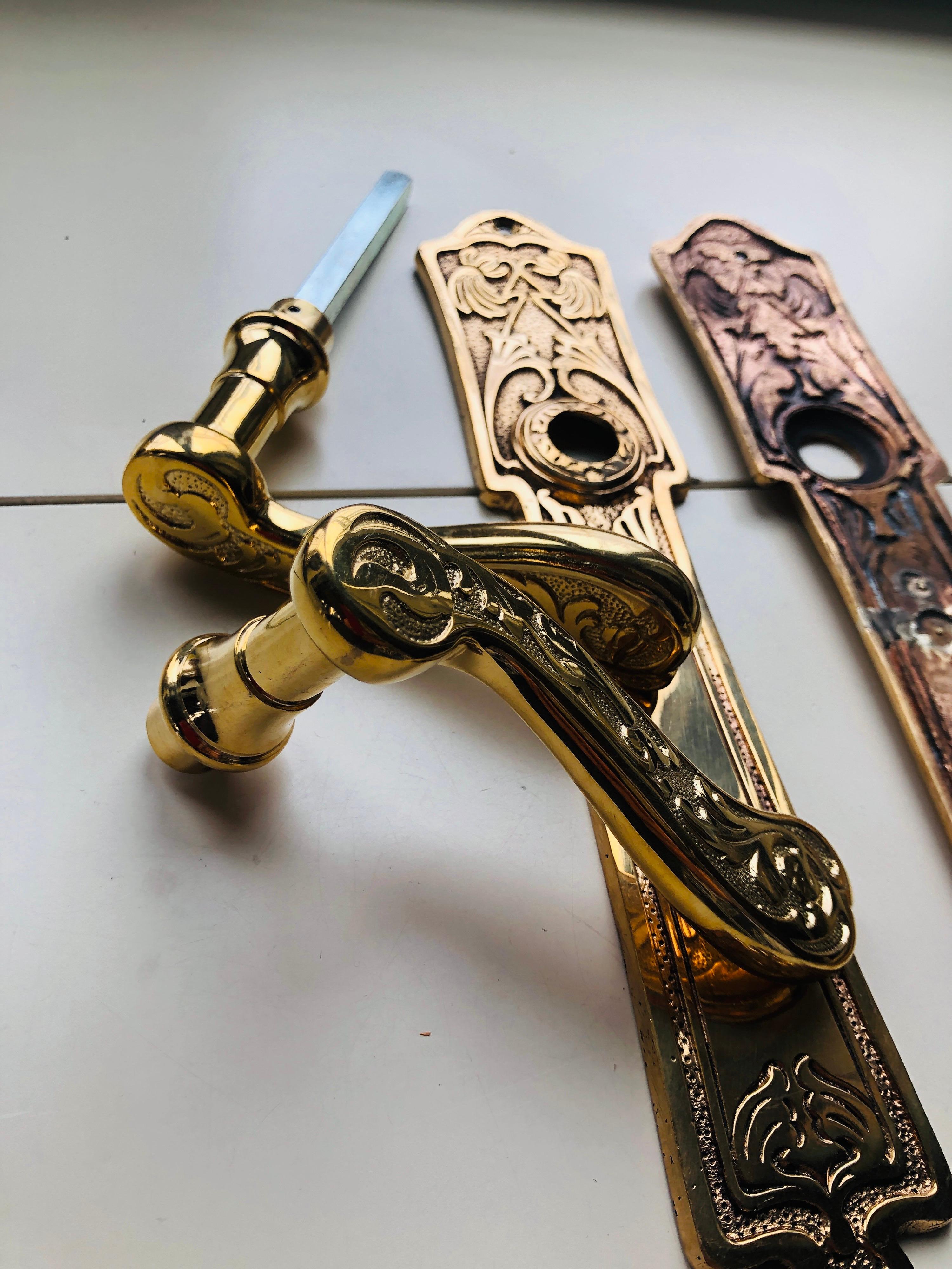 Hand-Carved 19th Century Three French Restored Brass Door Classic Handles For Sale