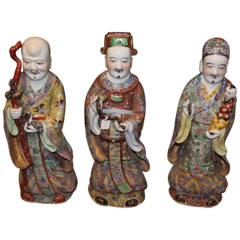 19th Century, Three Large Porcelain Statues Representing 'Sanxing