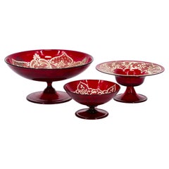 Red and gold Murano glass three piece dresser set — Antique