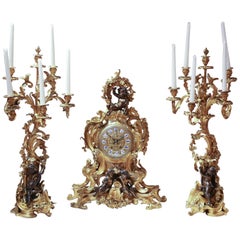 19th Century Three-Piece Clock Garniture Set, Gilt Bronze and Patinated Bronze