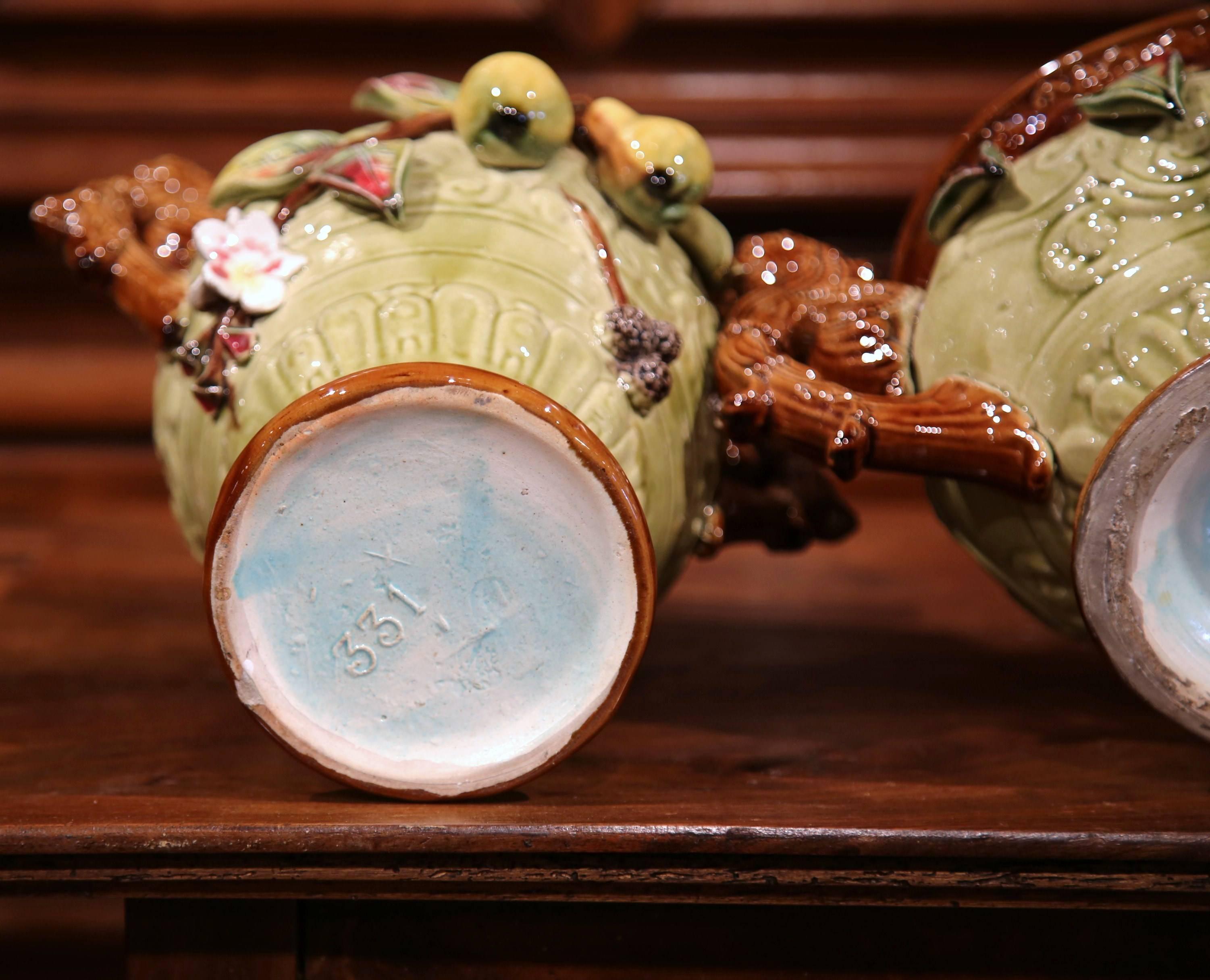 19th Century Three-Piece Set Ceramic Barbotine Vases and Matching Jardinière 5