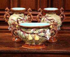 19th Century Three-Piece Set Ceramic Barbotine Vases and Matching Jardinière