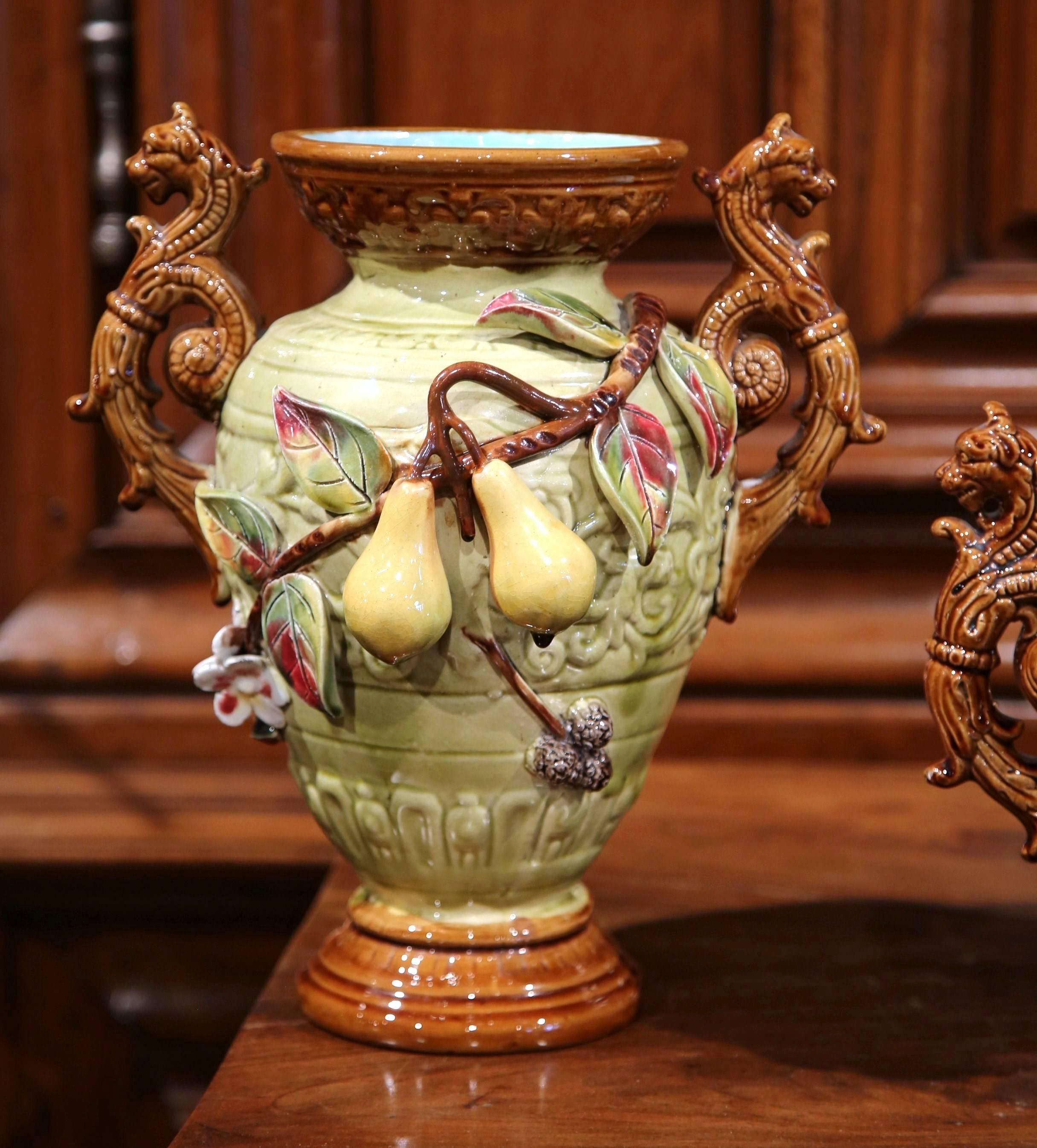 French 19th Century Three-Piece Set Ceramic Barbotine Vases and Matching Jardinière