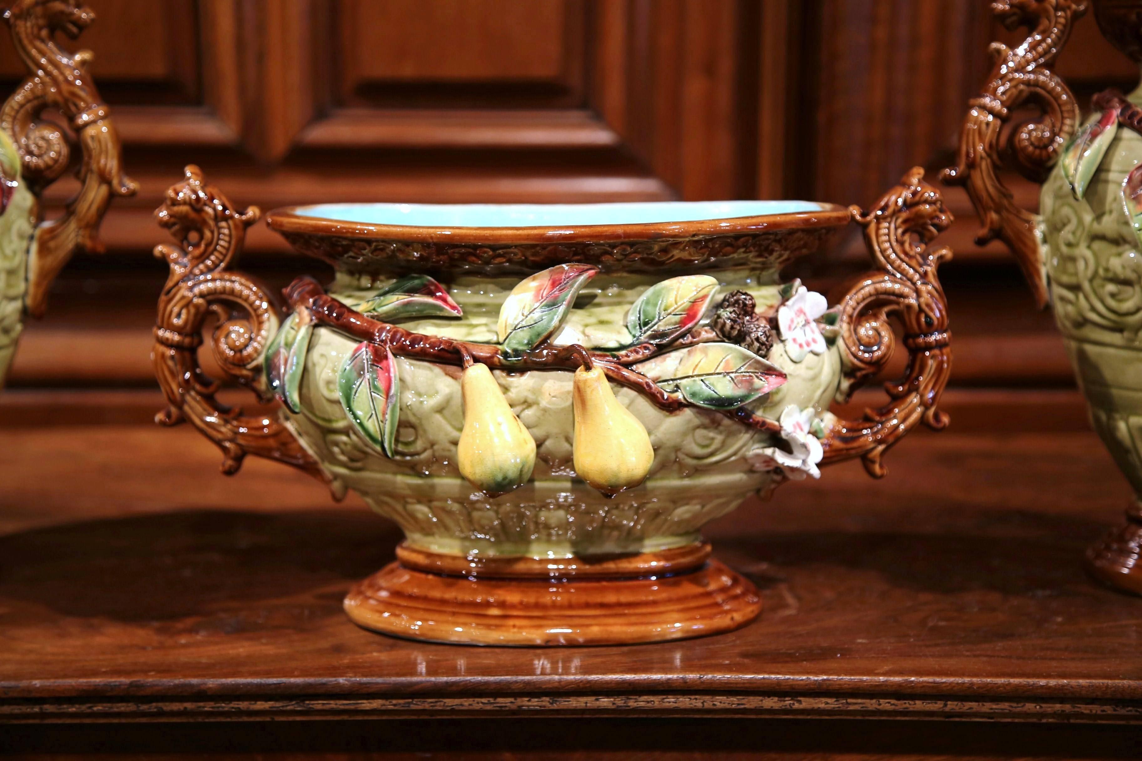 Hand-Crafted 19th Century Three-Piece Set Ceramic Barbotine Vases and Matching Jardinière
