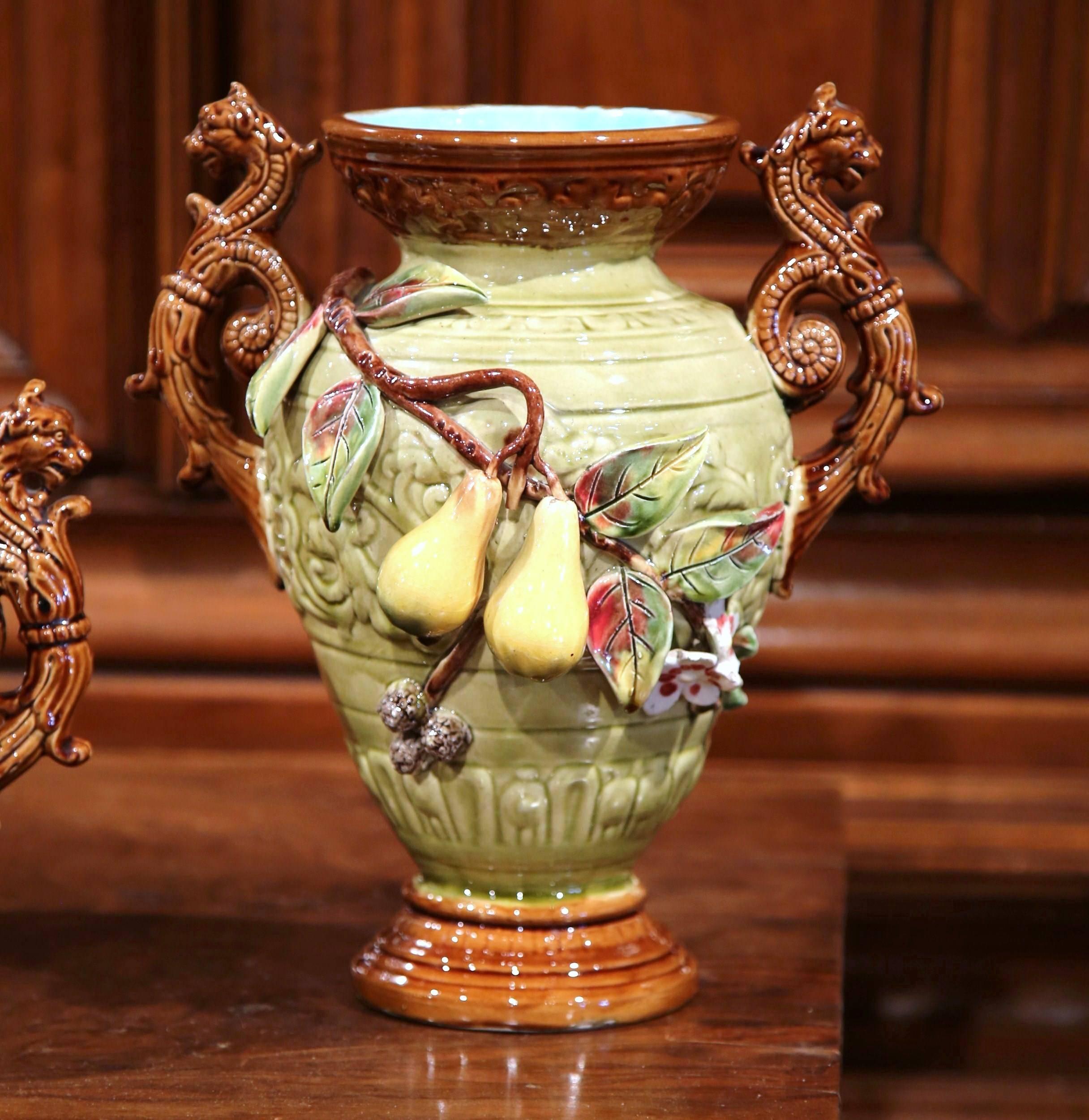 19th Century Three-Piece Set Ceramic Barbotine Vases and Matching Jardinière In Excellent Condition In Dallas, TX