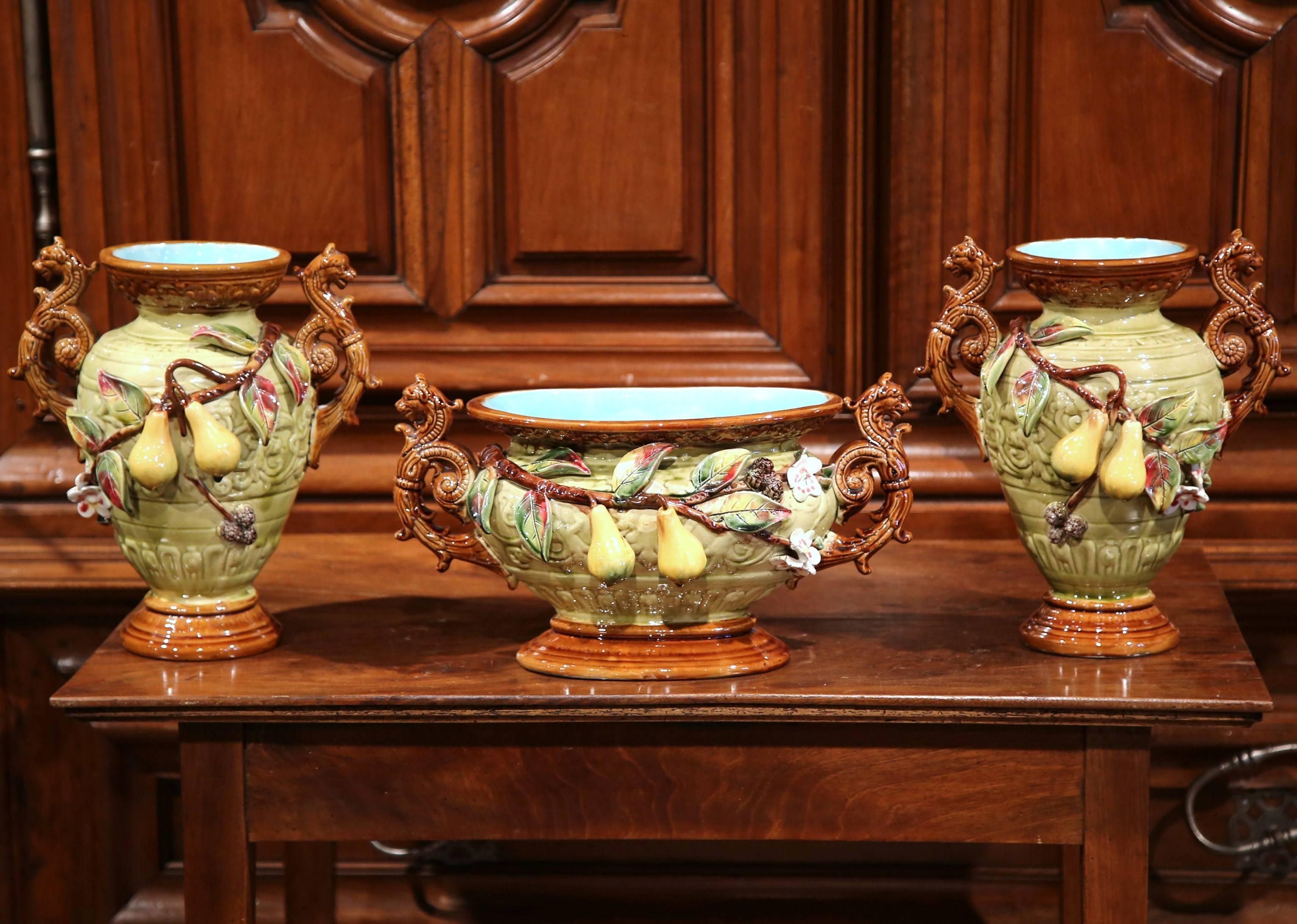 19th Century Three-Piece Set Ceramic Barbotine Vases and Matching Jardinière 1
