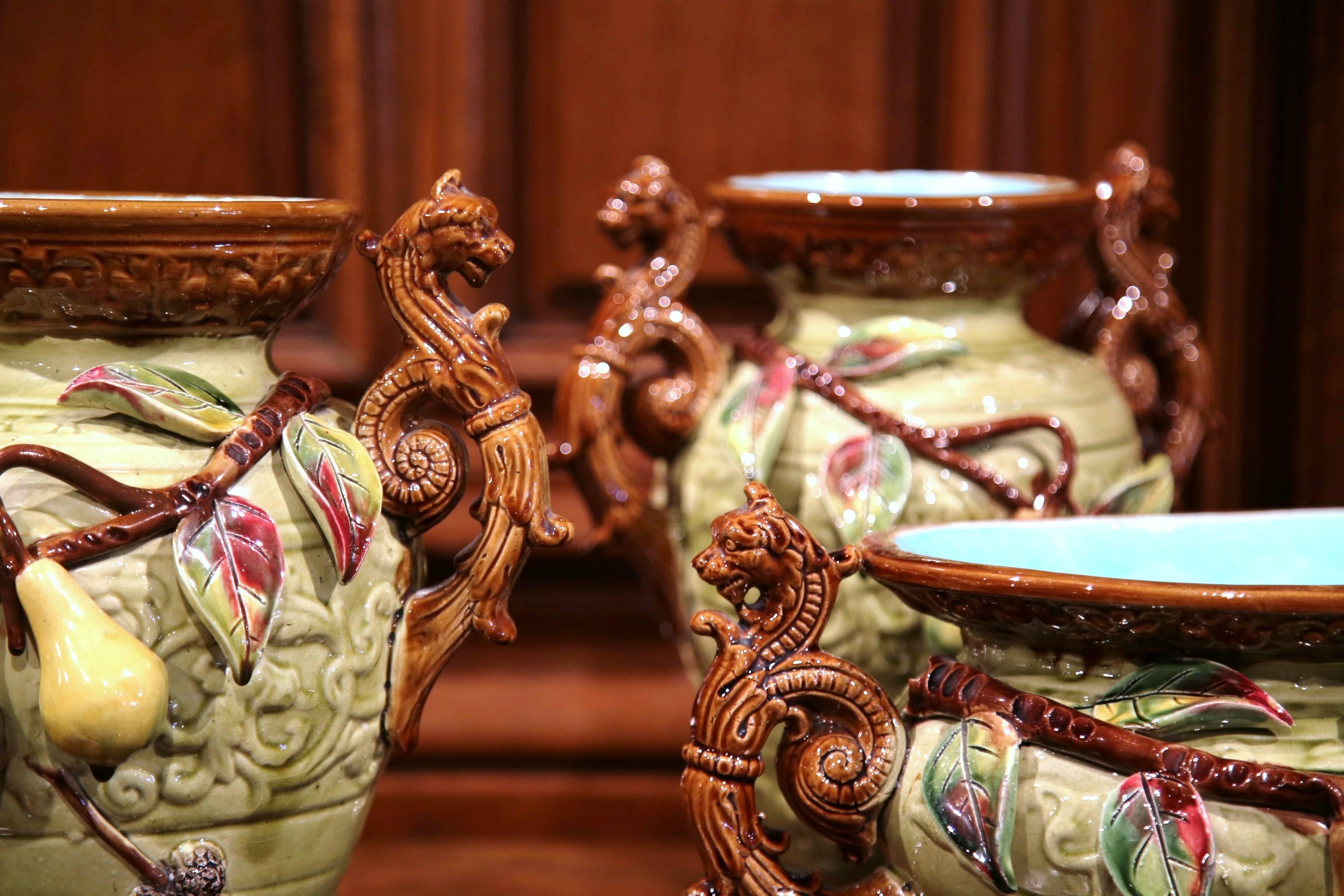 19th Century Three-Piece Set Ceramic Barbotine Vases and Matching Jardinière 2
