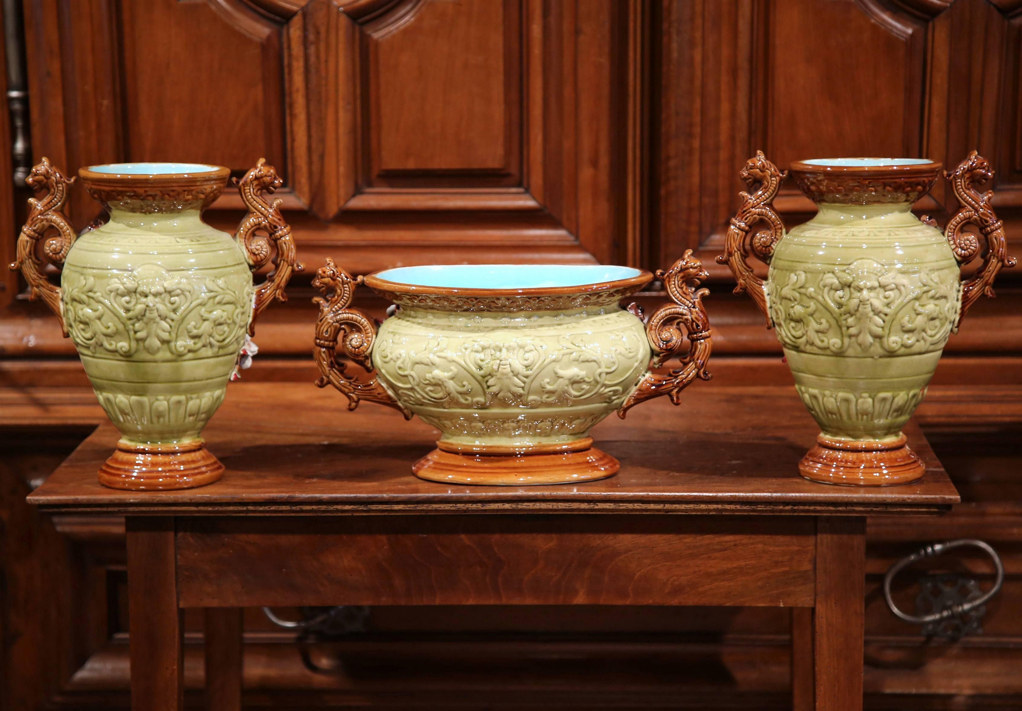 19th Century Three-Piece Set Ceramic Barbotine Vases and Matching Jardinière 3