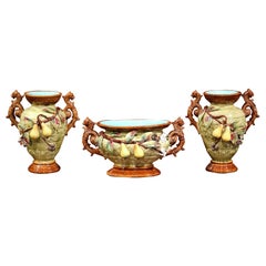 19th Century Three-Piece Set Ceramic Barbotine Vases and Matching Jardinière