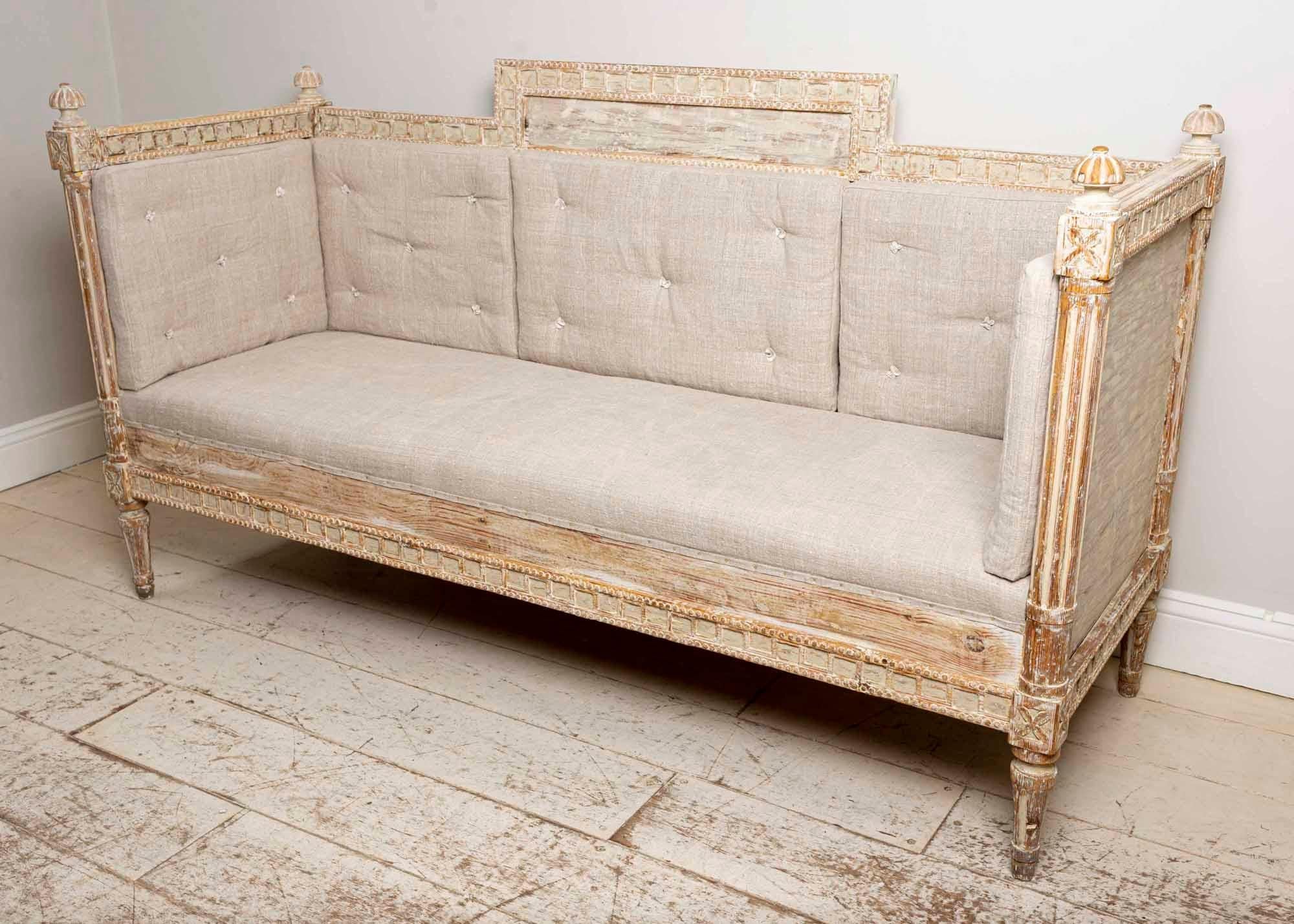 Gustavian 19th Century Three-Seat High Backed Painted Swedish Sofa, Decorative Detail