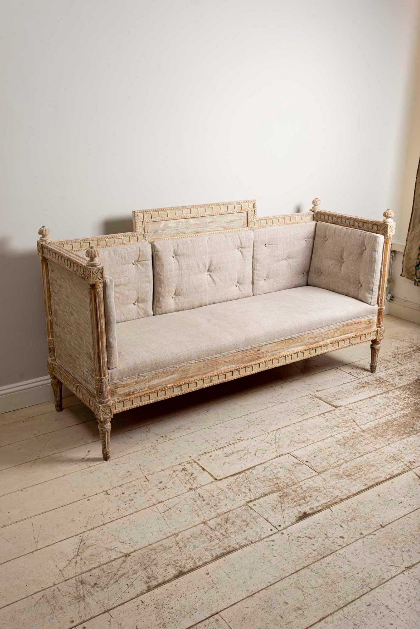 19th Century Three-Seat High Backed Painted Swedish Sofa, Decorative Detail In Good Condition In London, GB