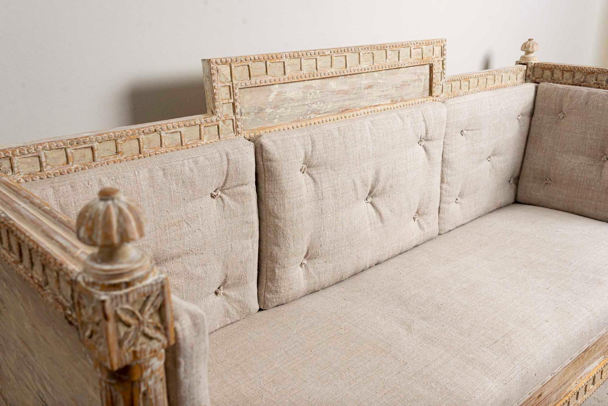 Fabric 19th Century Three-Seat High Backed Painted Swedish Sofa, Decorative Detail