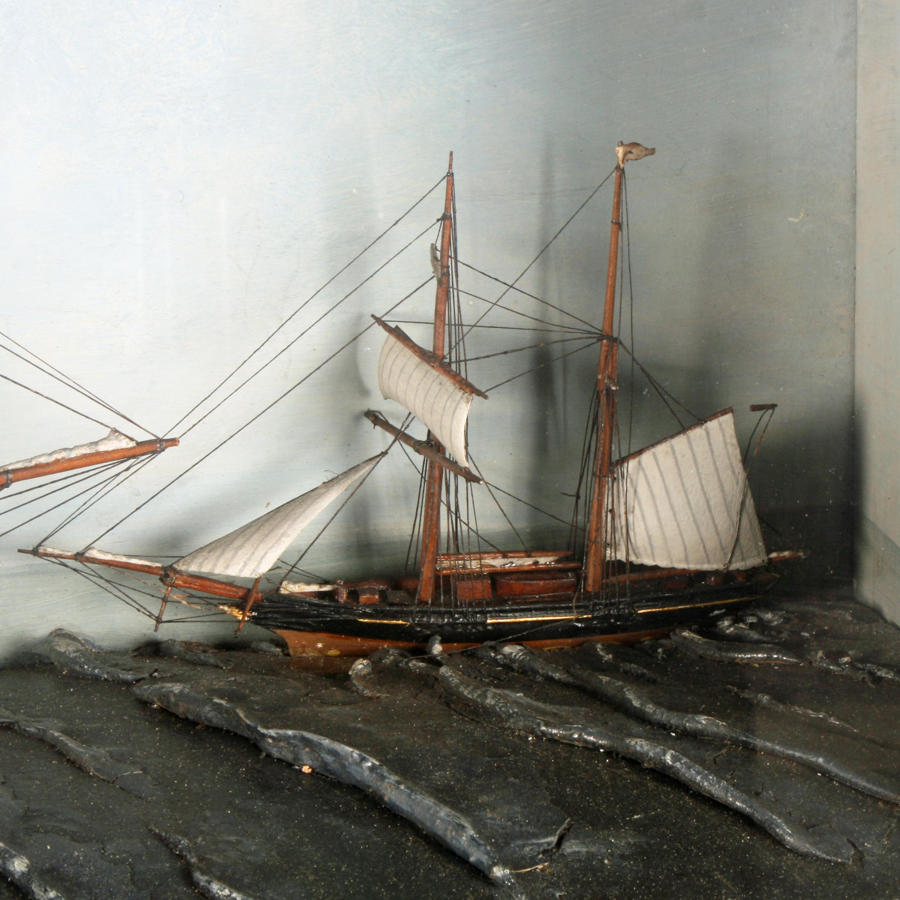 Mahogany 19th Century Three Ship Diorama