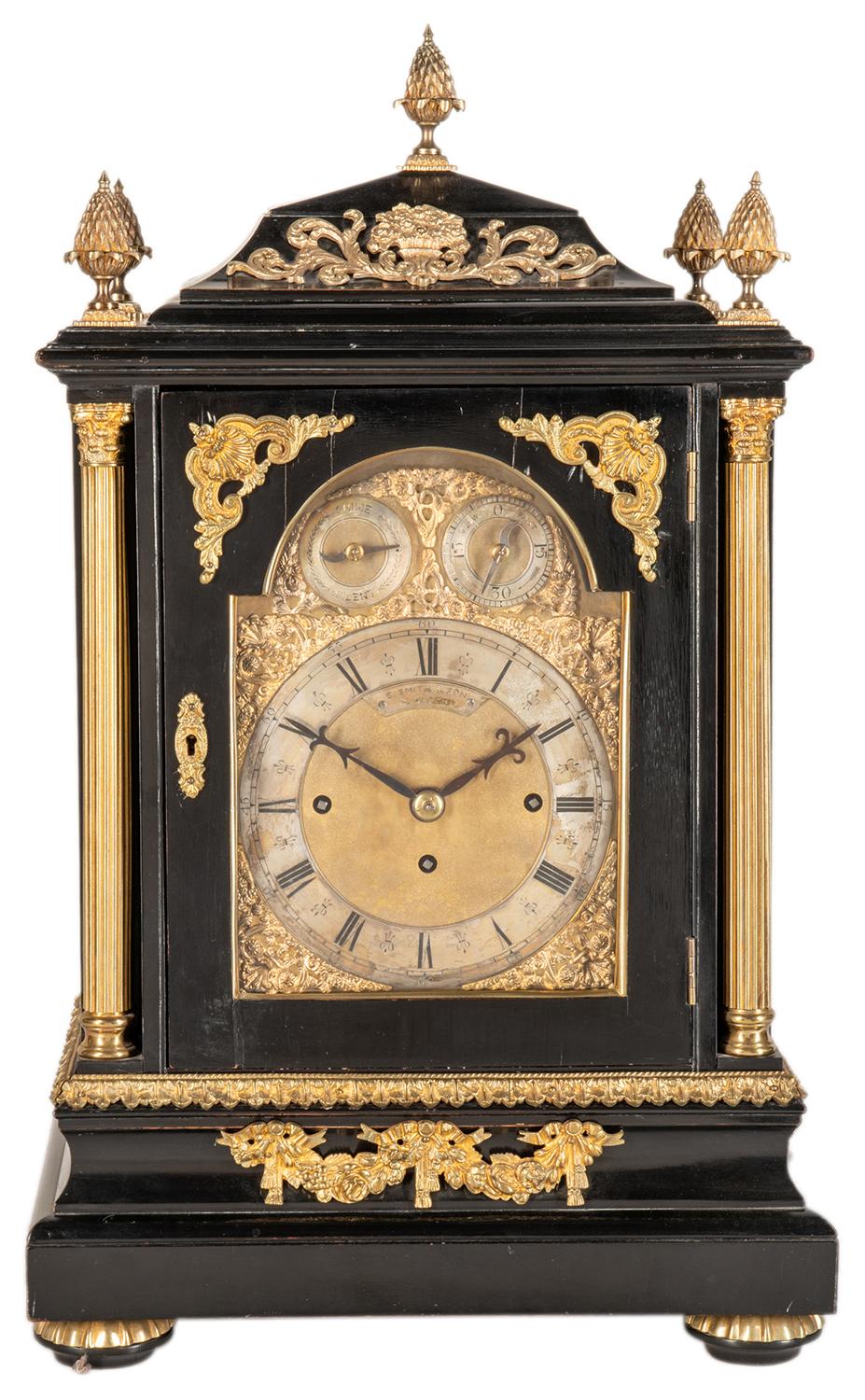A good quality late 19th century ebonized, mantel / bracket clock, having a Westminster chime, eight day duration. With wonderful quality gilded ormolu mounts and finials, pierced ormolu side panels and raised on bun feet.
Signed; S.Smith + Son,