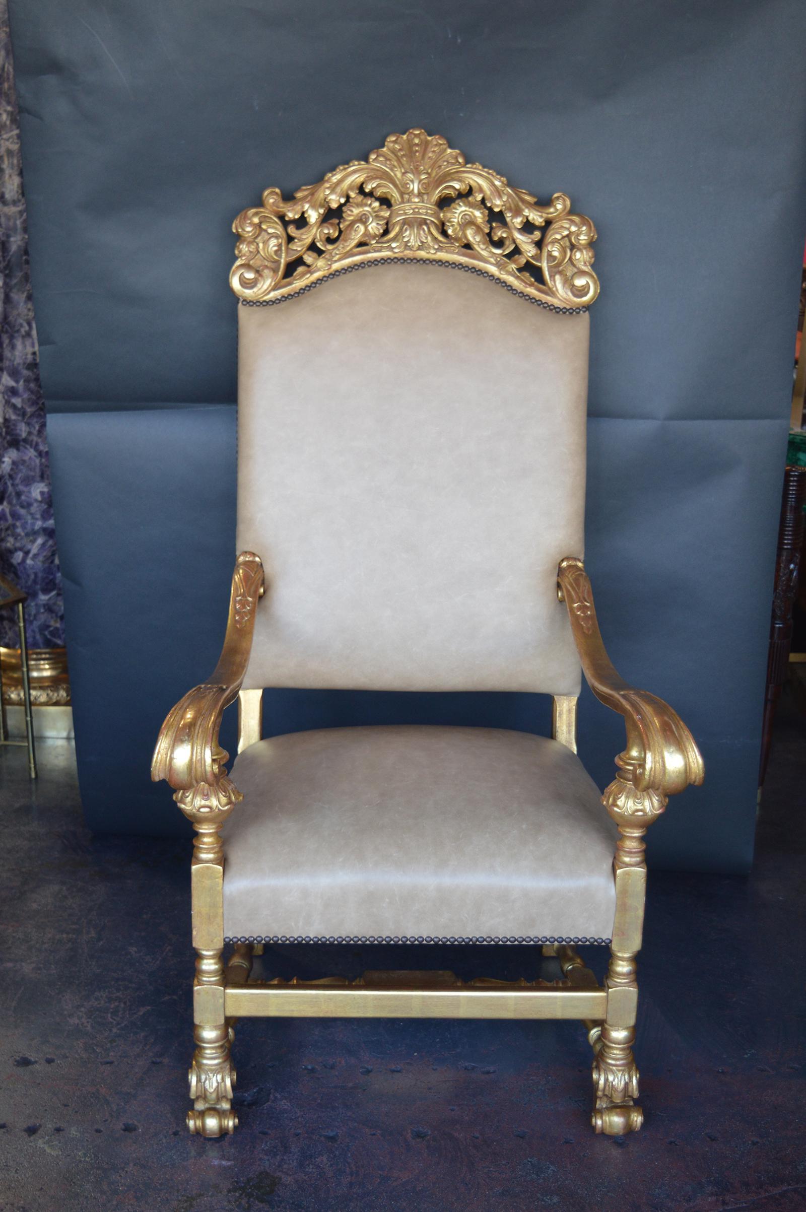 19th century Italian throne chair. Water guild with 22-karat gold. New leather.