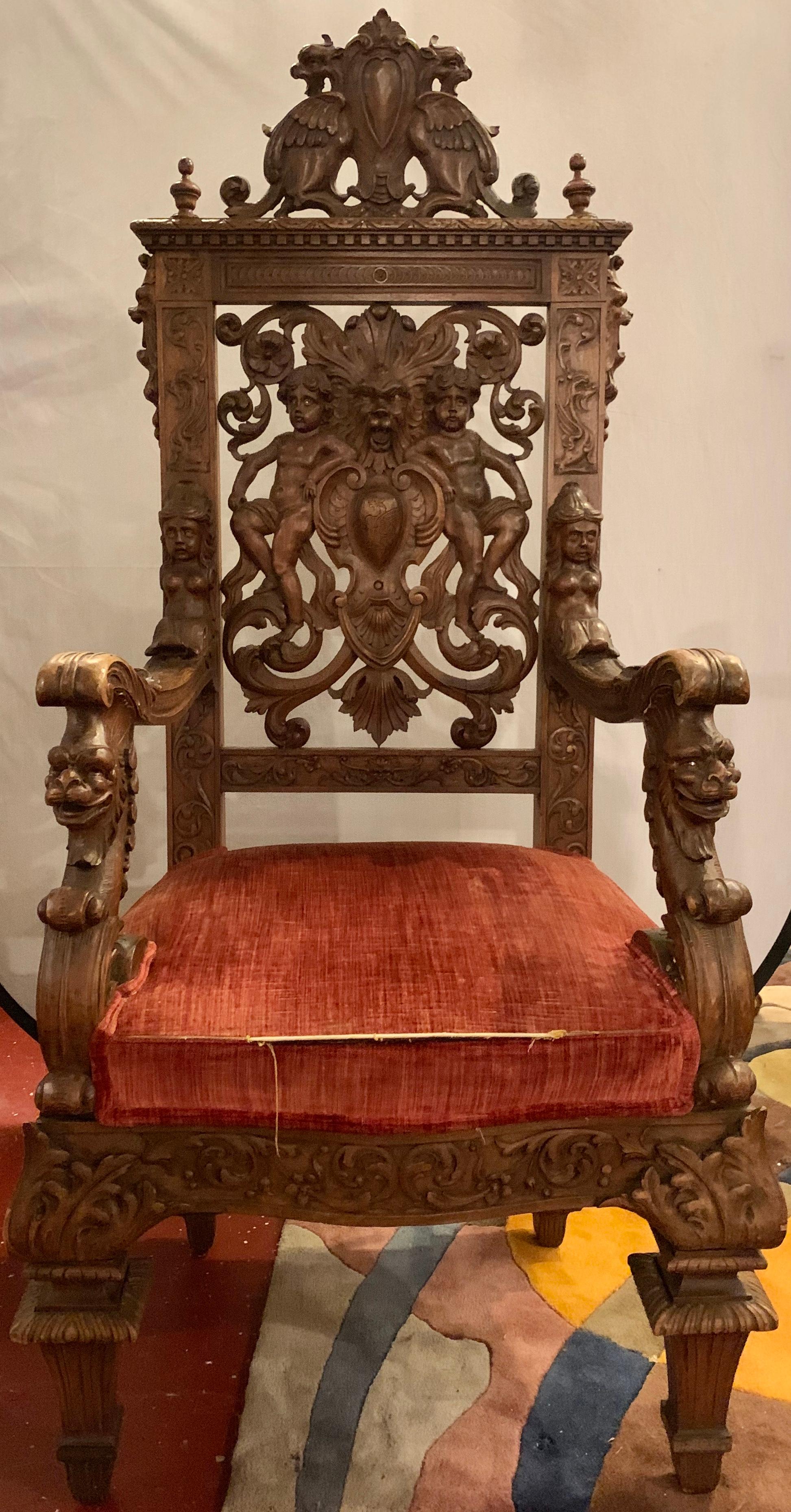 19th century throne chair manner or Herter Brothers. Large and impressive carved Throne chair in a Fine upholstery having carved figures and masks. 

ESXX/ZHXA
Greg.