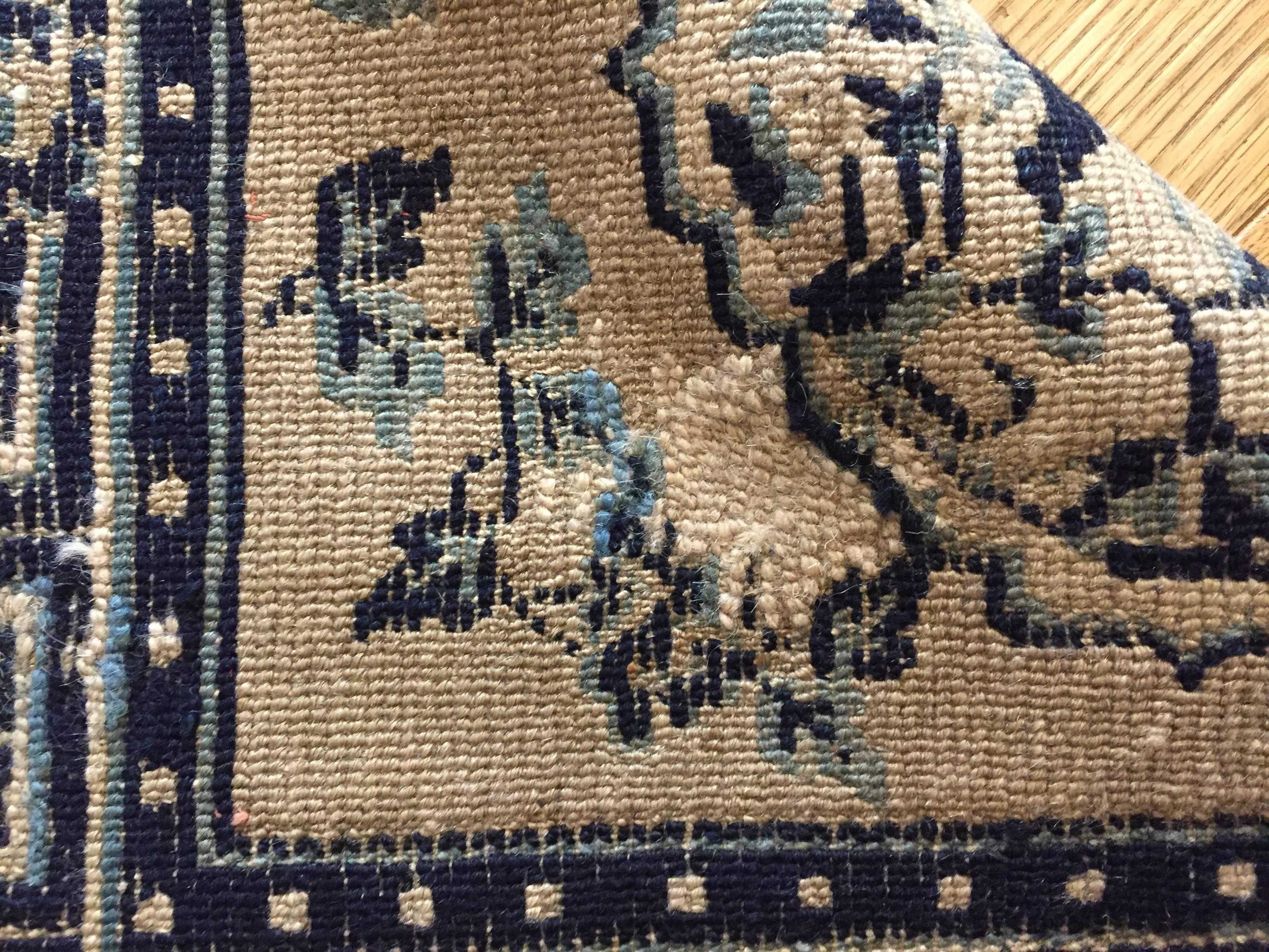 19th Century Tibet Saddle Rug Hand-Knotted Tang Song Decorations Blue White Wool For Sale 4
