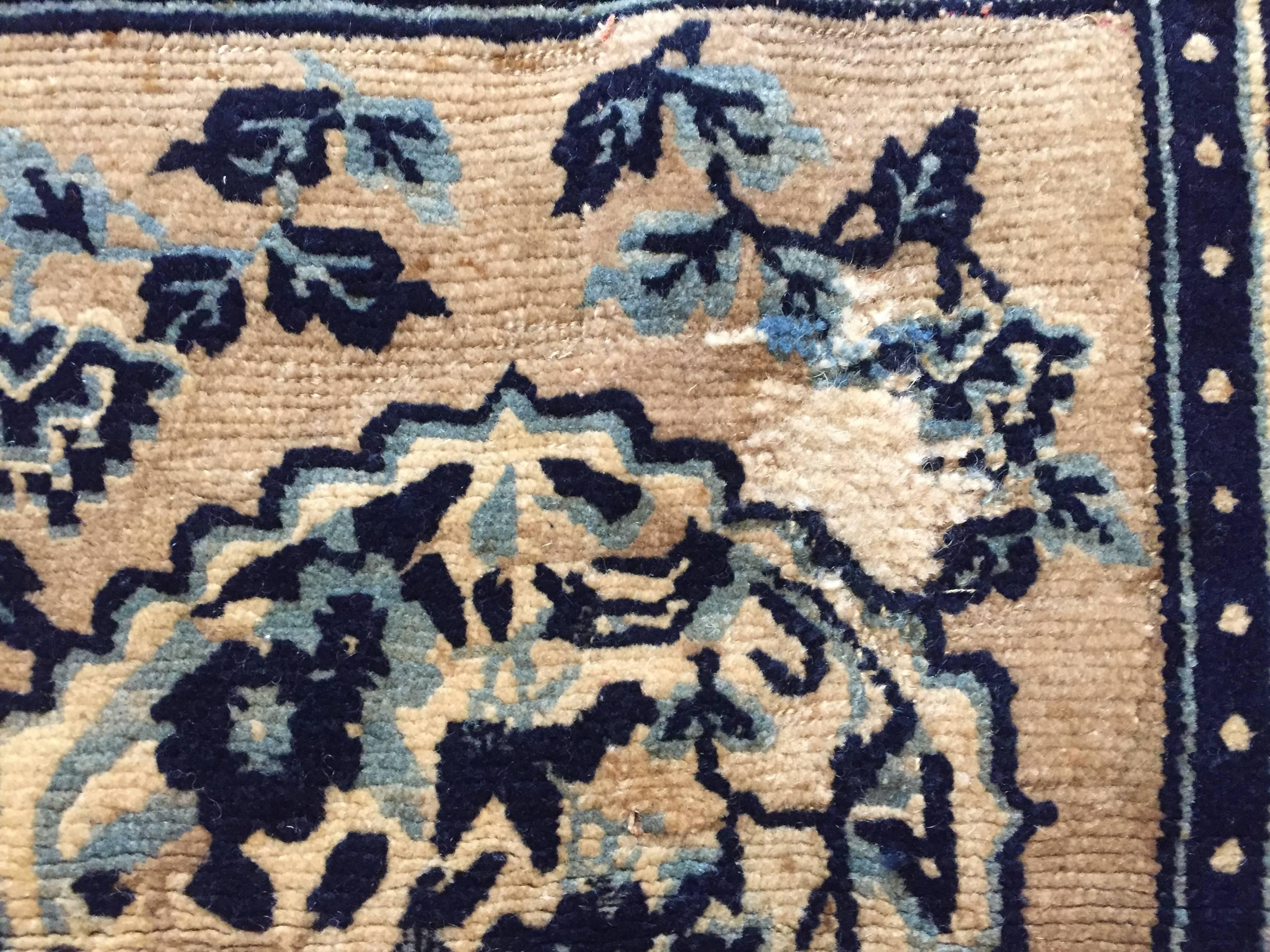 19th Century Tibet Saddle Rug Hand-Knotted Tang Song Decorations Blue White Wool For Sale 5