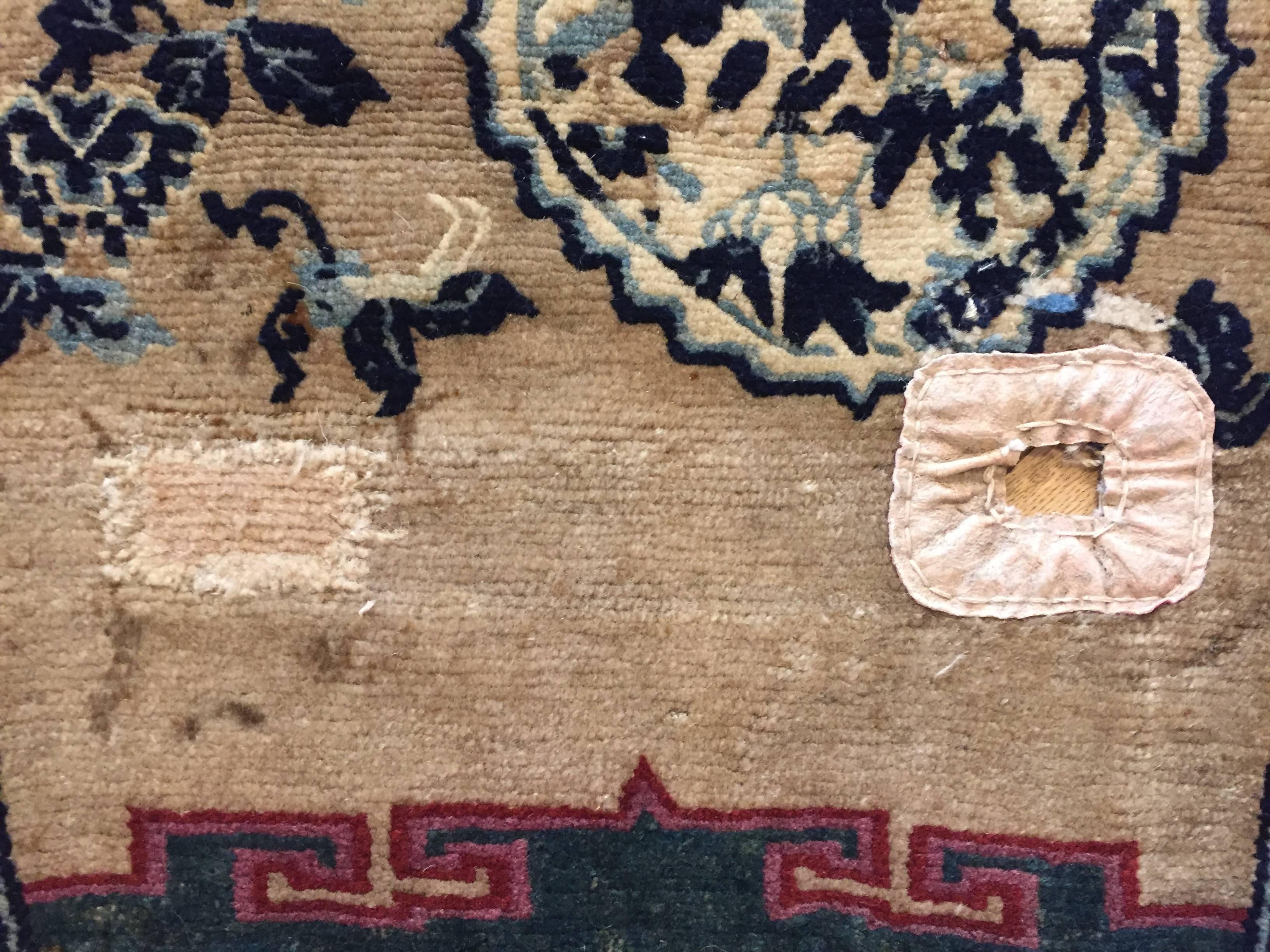 Tibetan 19th Century Tibet Saddle Rug Hand-Knotted Tang Song Decorations Blue White Wool For Sale