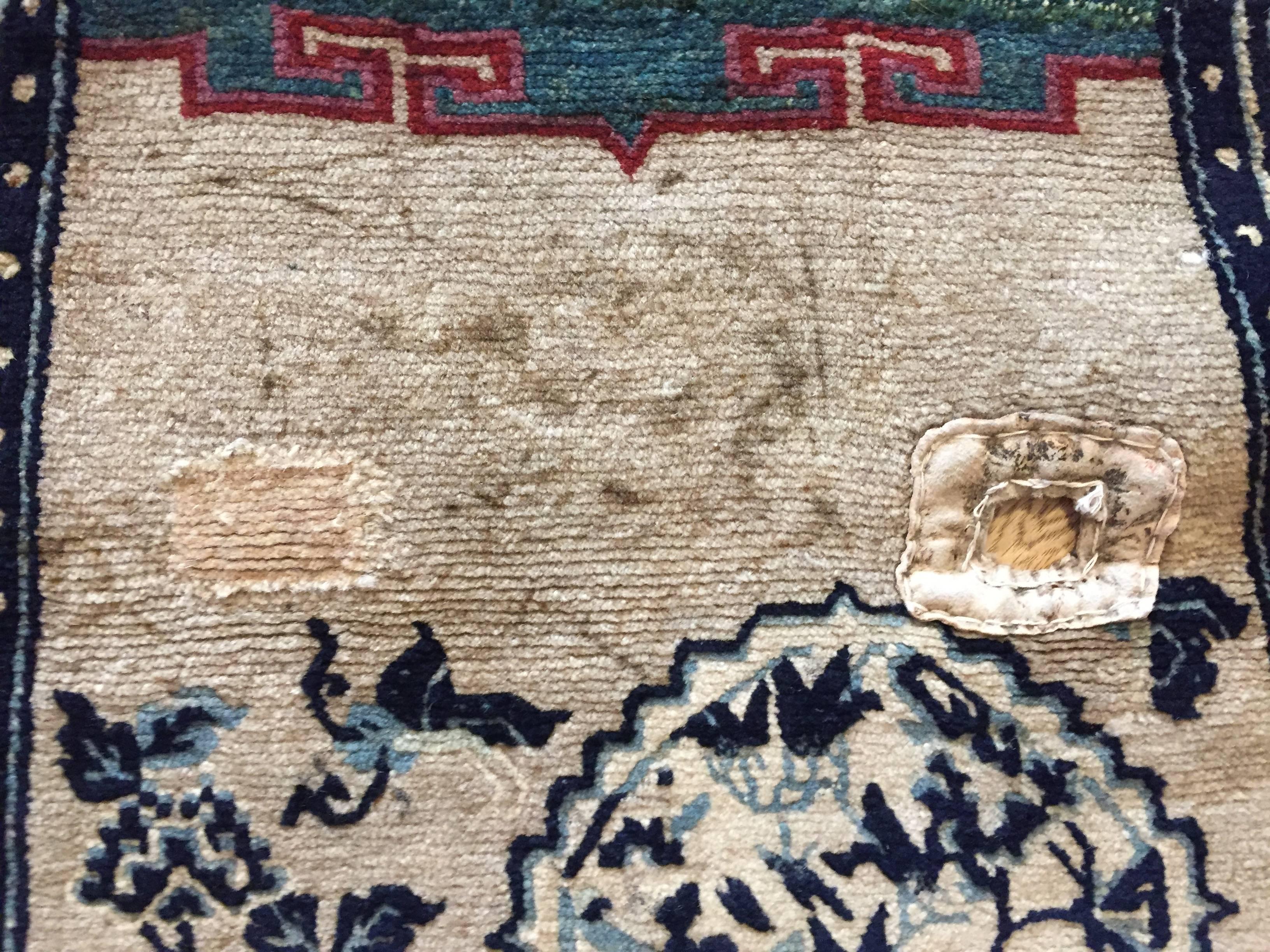 Tibetan 19th Century Tibet Saddle Rug Hand-Knotted Tang Song Decorations Blue White Wool For Sale