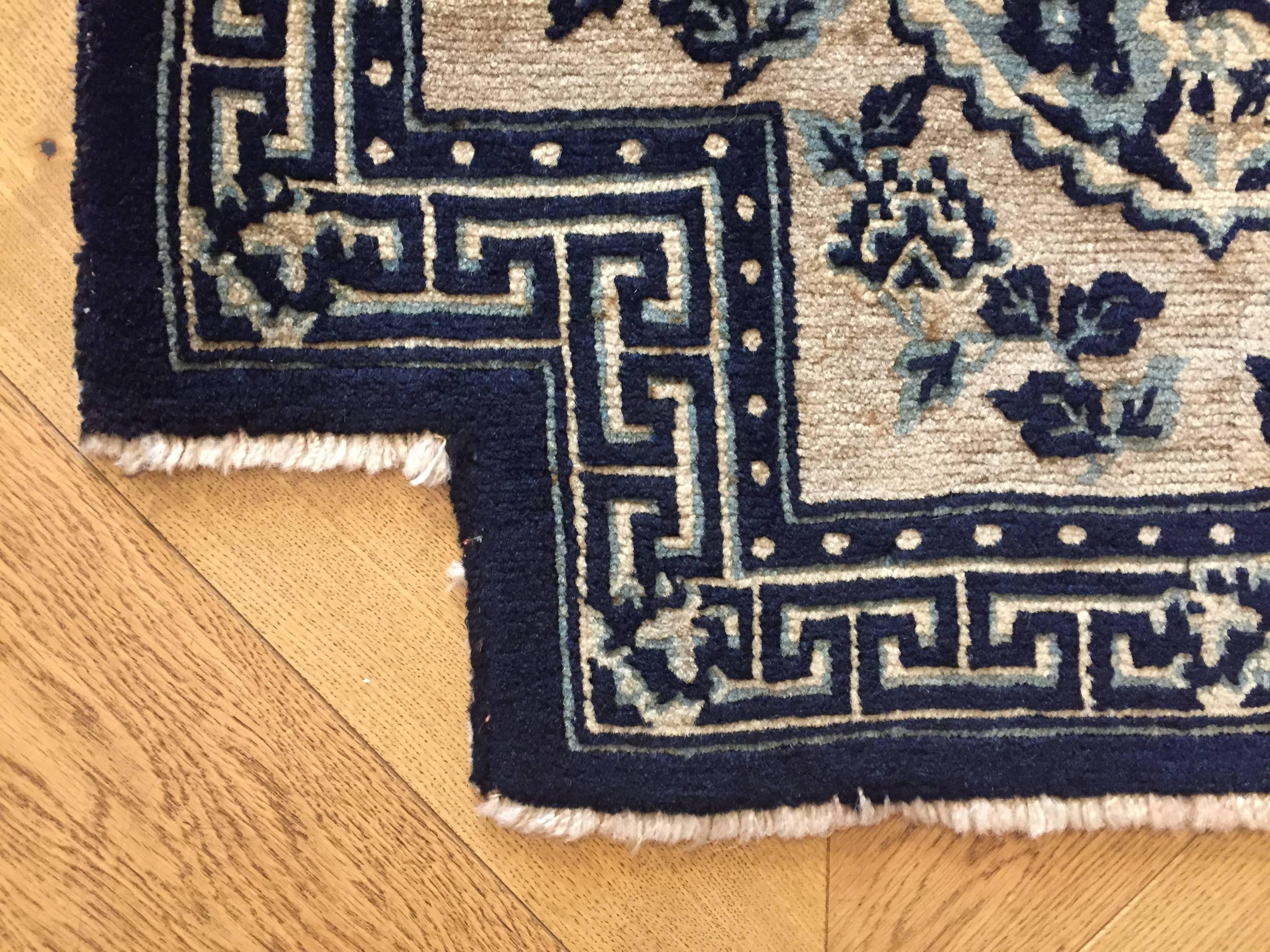 19th Century Tibet Saddle Rug Hand-Knotted Tang Song Decorations Blue White Wool For Sale 1